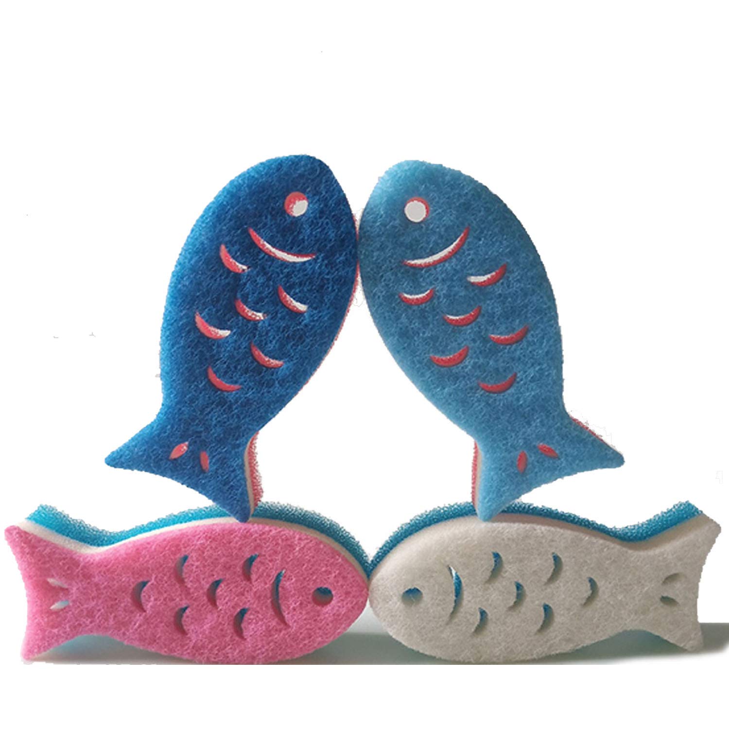 Kitchen Scrub Sponges Non-Scratch Multi-Use Heavy Duty Scrub Sponge for Dishes Pots and Pans Three-Layer Fish Shape Cleaning Sponge（4pack）