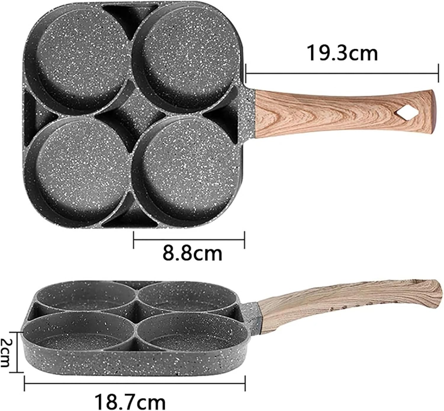 Four-hole Omelet Pan, Thickened Black Non-stick Egg Steak Ham Pancake Pan with Wooden Handle, Breakfast Maker