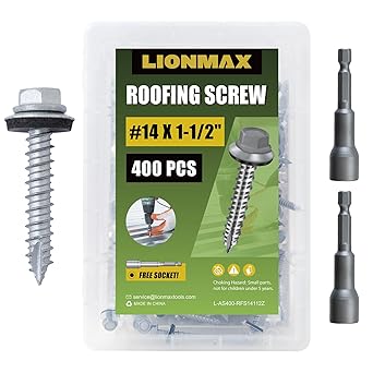 LIONMAX Metal Roofing Screws #14 1-1/2 Inch, 400-PCS, Zinc Plated Hex Head Sheet Metal Roof Screws, Rubber Washer, Sharp Point, Metal to Wood Siding Screws, Hex Socket Included