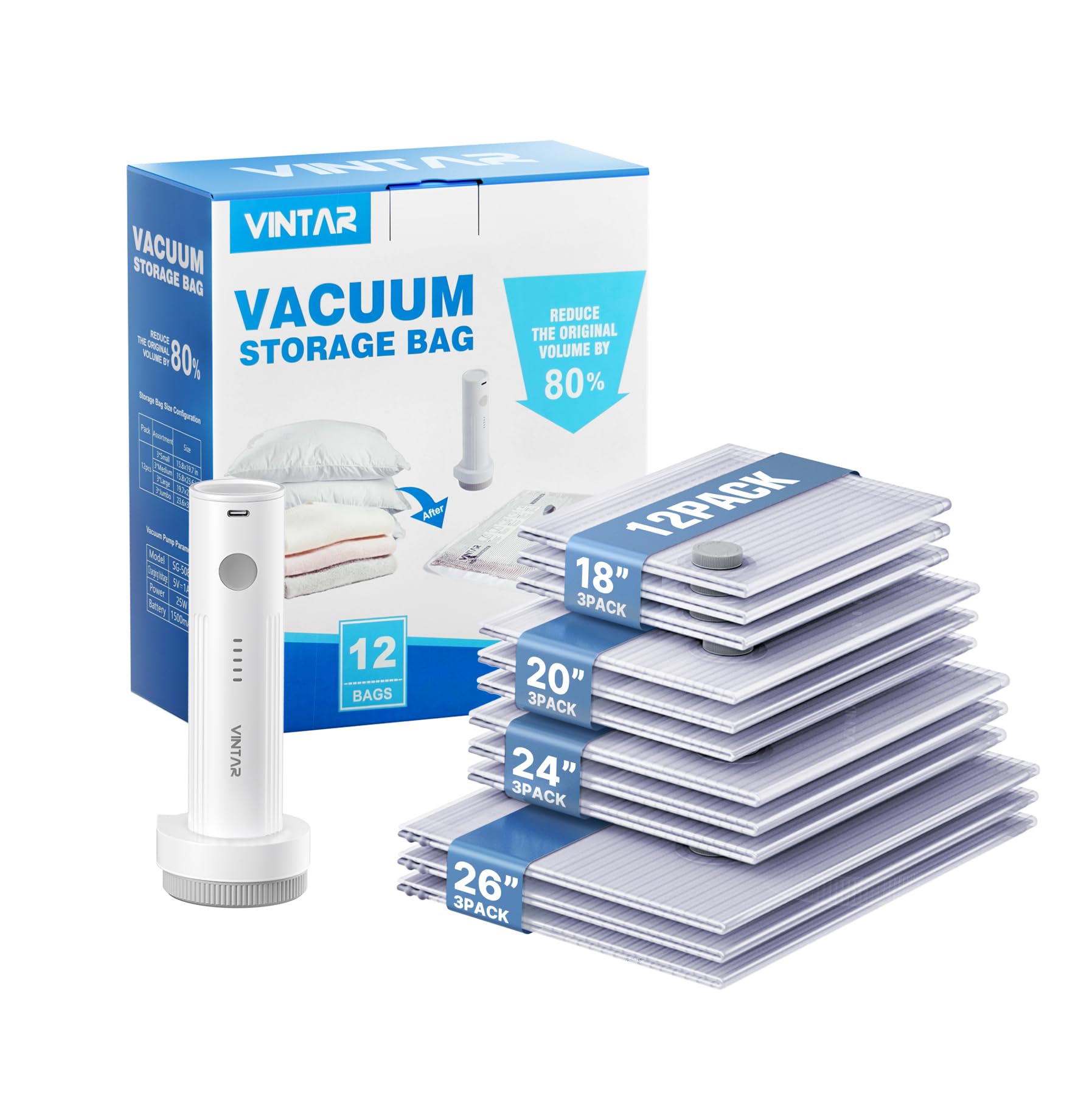 Vacuum Storage Bags for Travel with Rechargeable Wireless Pump, VINTAR 12 Pack (3 J+3 L+3 M+3 S) Space Saver Compression Bags for Luggage, Suitcase, Clothes, Bedding, Blankets