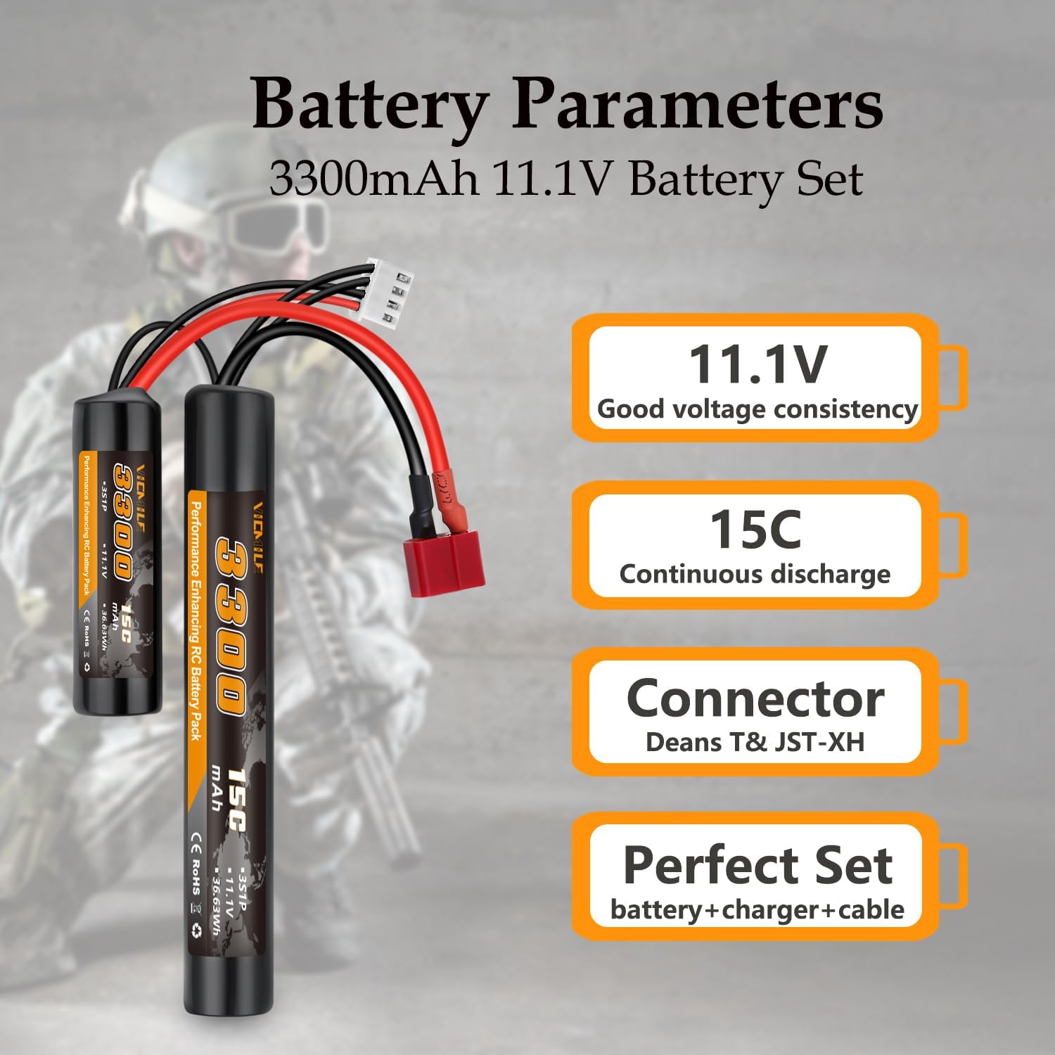 3300mAh Airsoft Battery 11.1V Nunchuck Battery with Dean-Style T Plug and Mini Tamiya Cable 3S Rechargeable Stick Shape Butterfly Fit for aeG AK47 M4 MP5 and Most Airsoft Model Guns Rifles