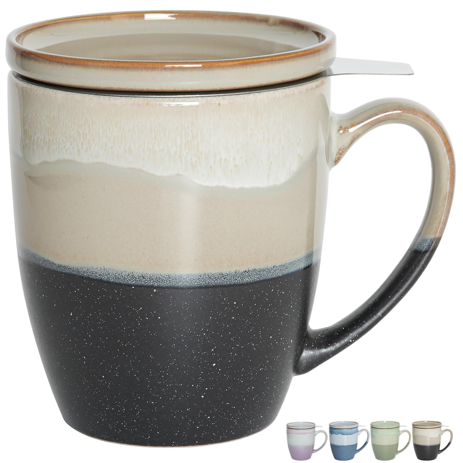 Bosmarlin Tasse à thé en céramique avec infuseur et couvercle, 473,6 g, 4 couleurs au choix, passe au lave-vaisselle et au micro-ondes, tasse à thé avec passoire, glaçage réactif, (gris)