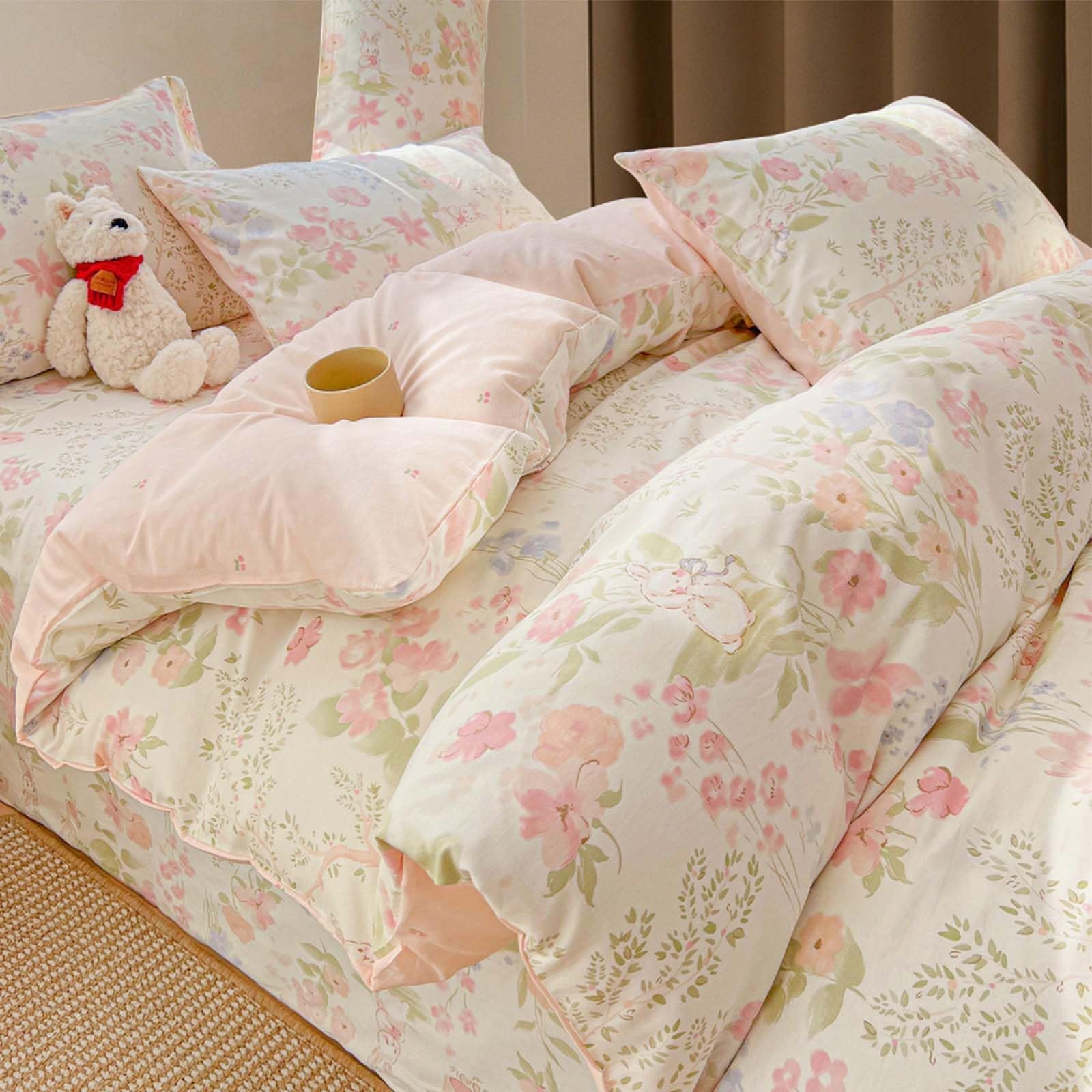 Parure de lit en coton fleuri pour lit double avec 3 ou 4 pièces et fermeture éclair