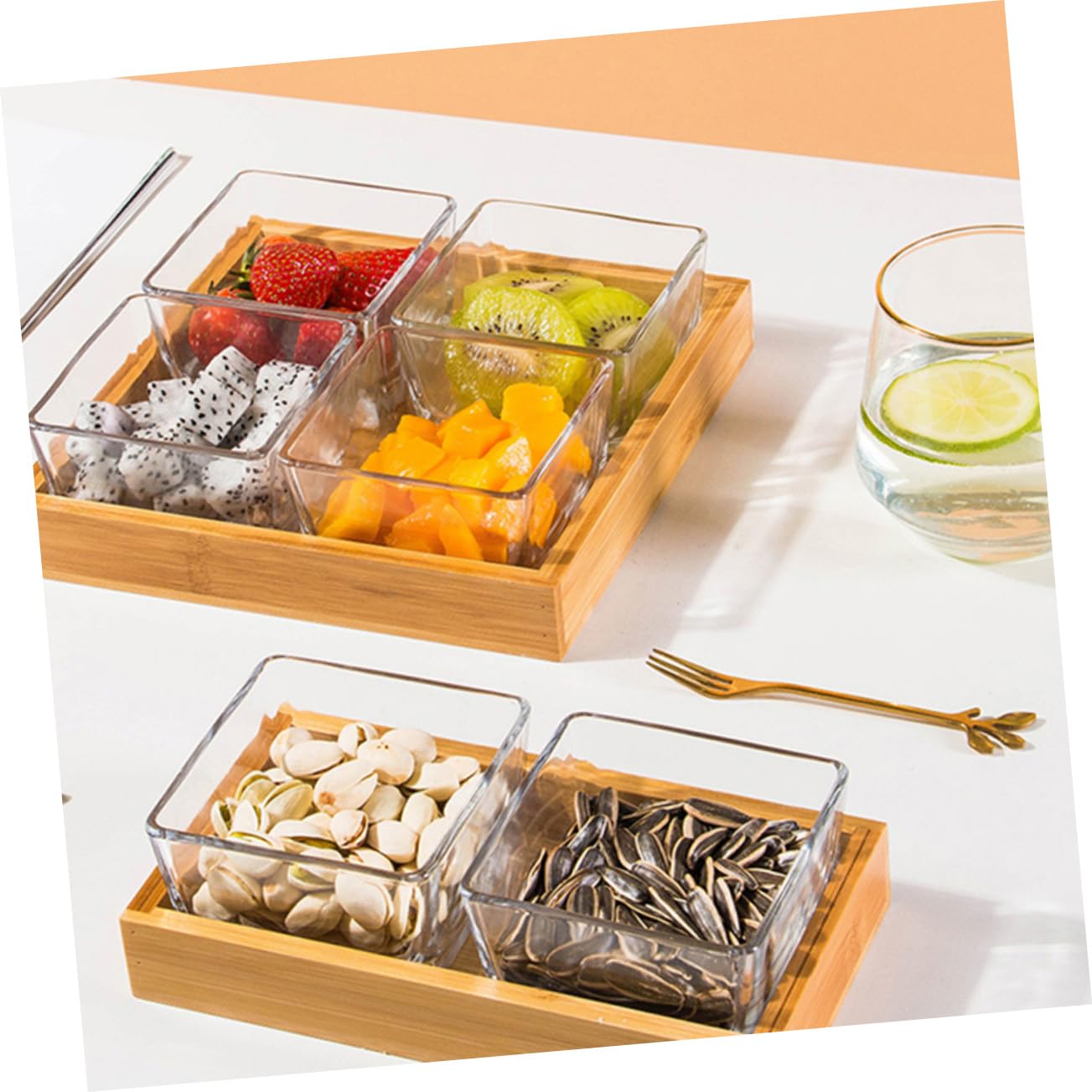 VALICLUD Plateaux de Service en Verre Compartimentés 4 Divisions, Bois et Verre, Multifonctionnels, pour Fruits Secs et Noix, Usage Apéritif et Fête, sans Couvercle