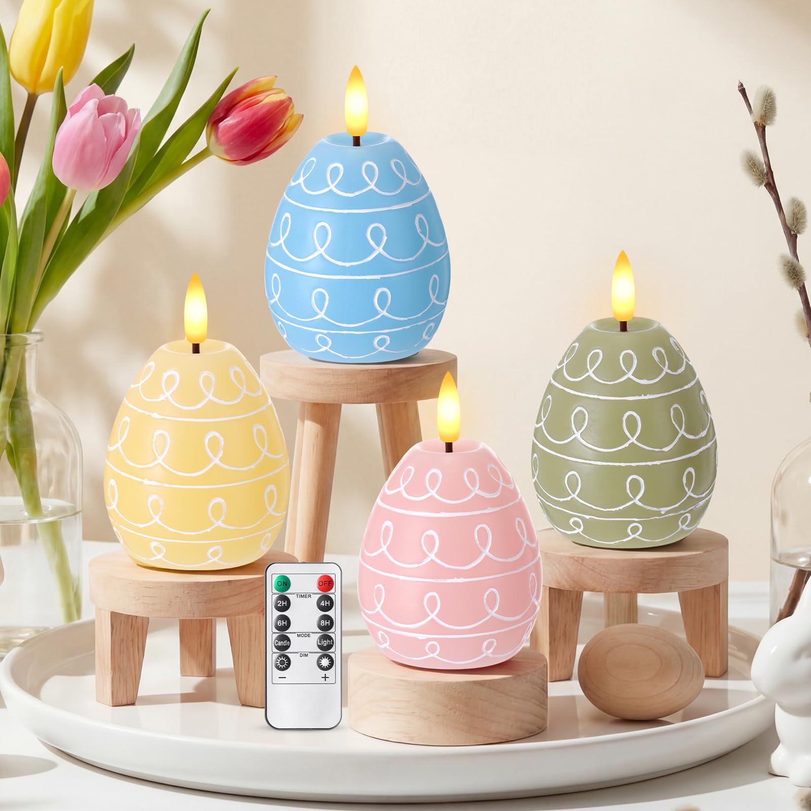 Baquler 4 Pcs Easter Egg Flameless Candles with Timer Egg Shape LED Candle Real Wax Battery Operated Flickering LED Candles Gift No Battery for Easter Party Living Room Home Decor (Multicolor)