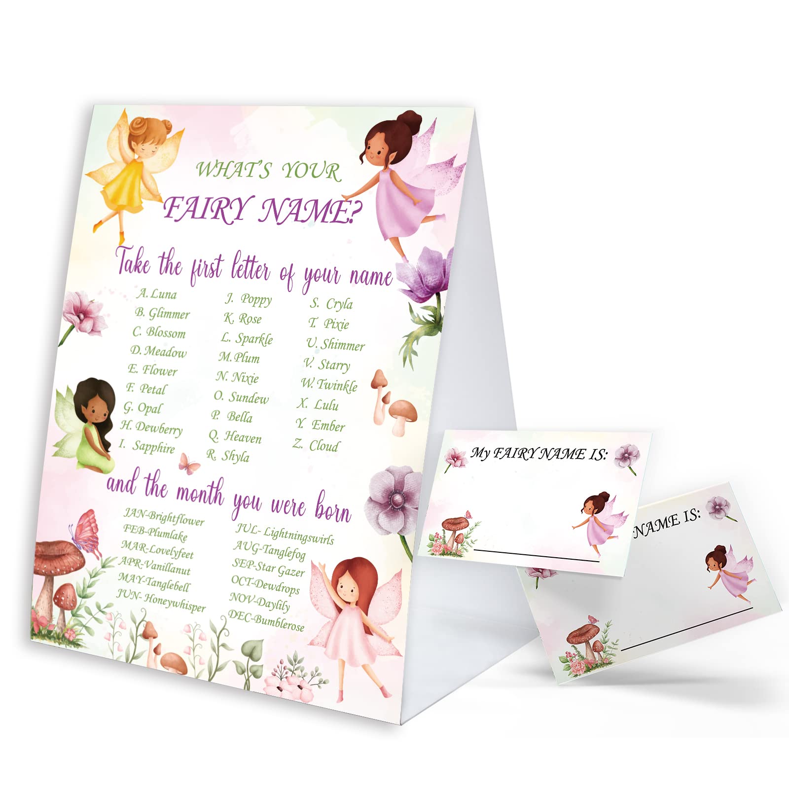 What's Your Fairy Name Game Sign with Name Tag Stickers for Baby Shower, Baby Shower Decorations, Birthday Party Game, Baby Shower Games Fun for