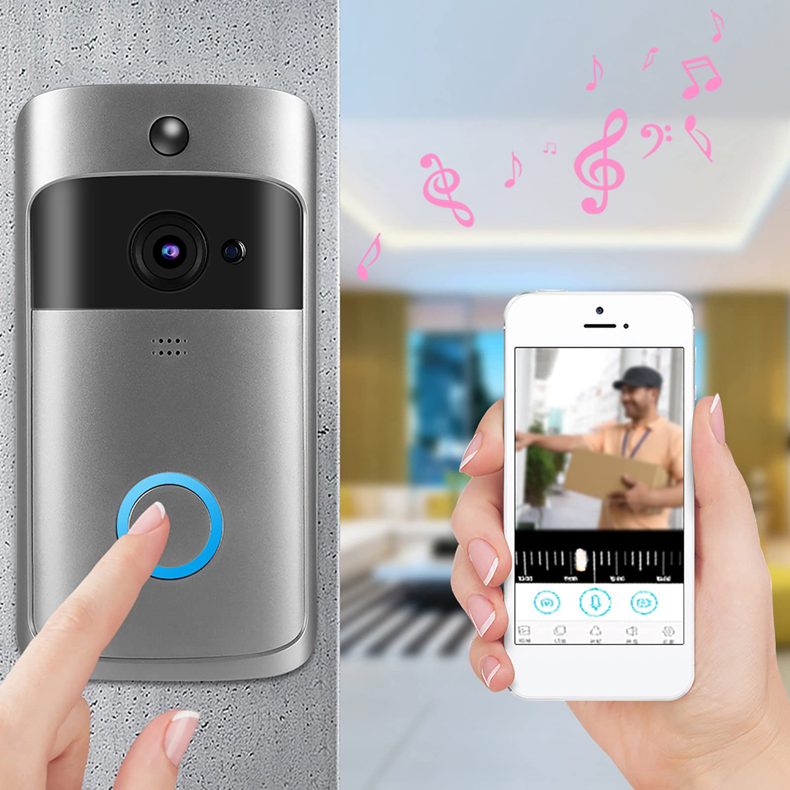 Cámara de timbre con video WiFi,timbre de seguridad para el hogar inalámbrico HD,cámara con sistema de interfono, detección de movimiento PIR de soporte/audio bidireccional/visión nocturna/gran