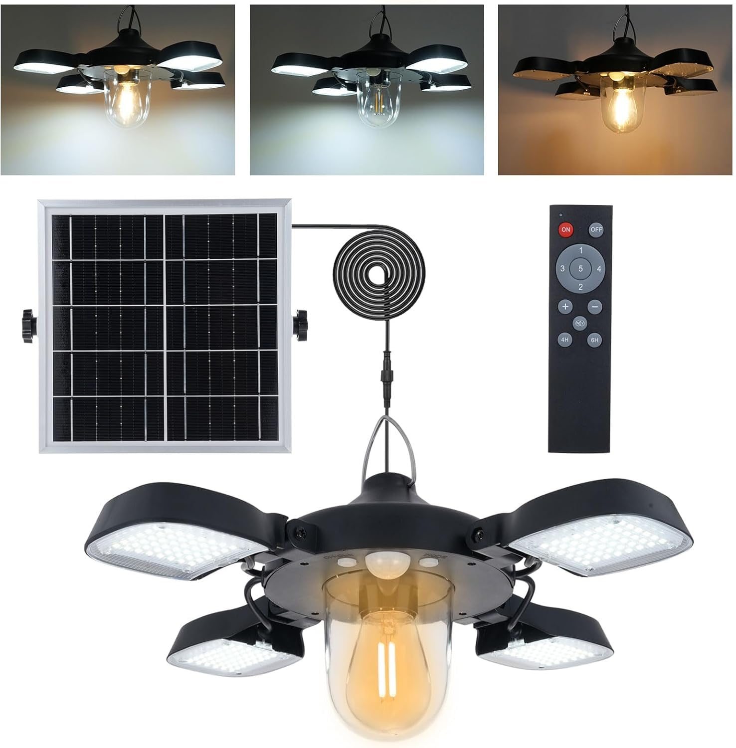 CaalLogt Solar Powered Pendant Lamp 192LEDs Solar Outdoor Shed Light Motion Sensor 5 Lighting Modes Indoor Work Light 4-Panel Hanging Lamp Waterproof Light for Gazebo Garage Shop Barn Home House