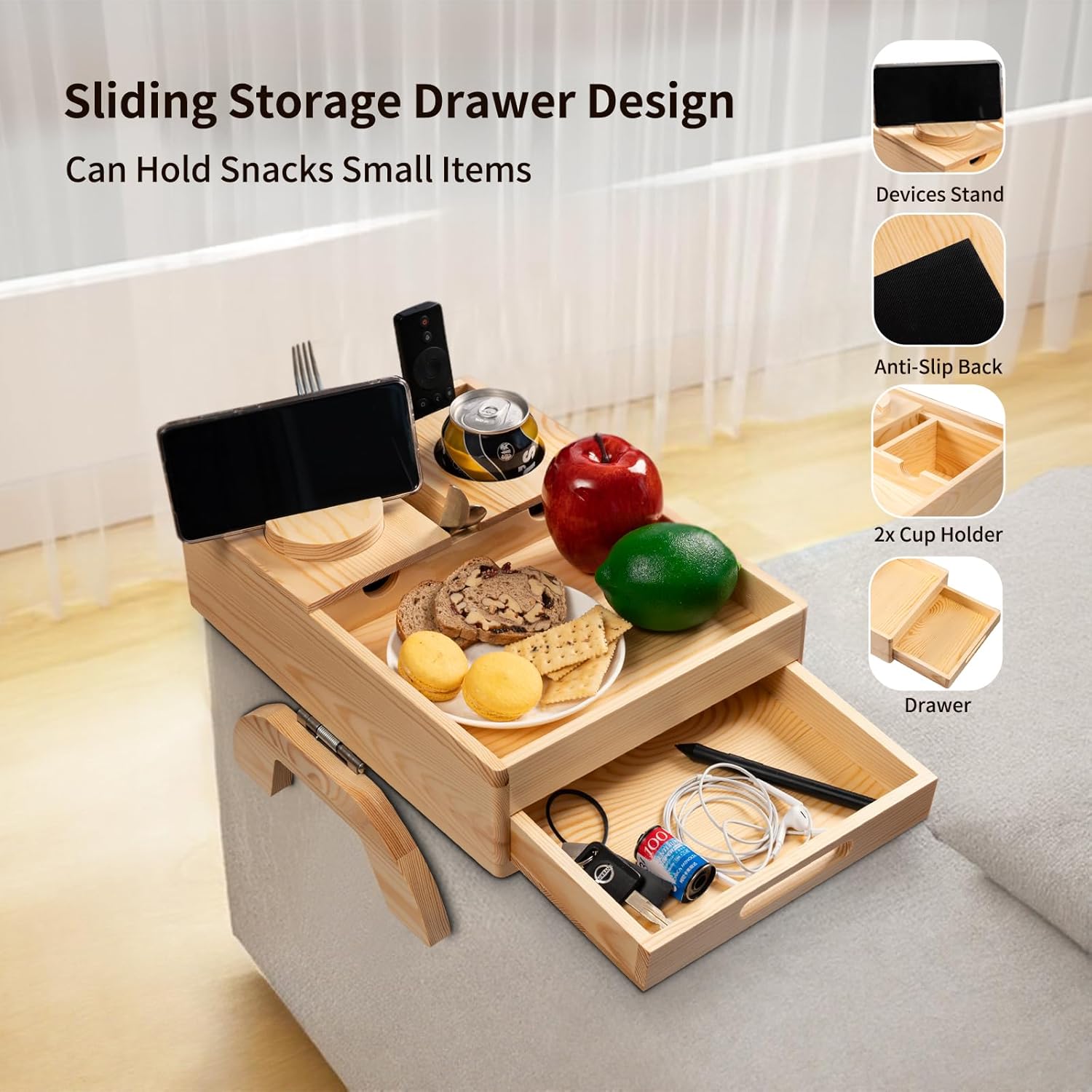 FrutPunch Couch Cup Holder Tray, 6-in-1 Couch Arm Tray, Couch Armrest Table with Drawer for Organizing and Storing Small Items, 360° Rotating Phone Holder for Placing Drinks, Books, Snacks.