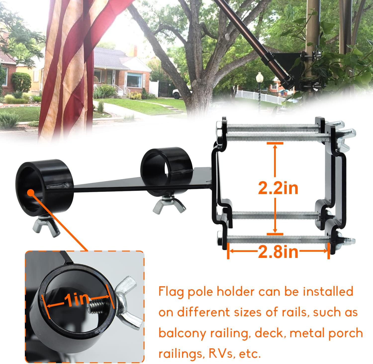Kingson Flag Pole Mount Bracket Fit for Balcony Railing, 45 Degree Flag Pole Holder Clamp No Drilling Quick Installation, Anti-Strong Wind