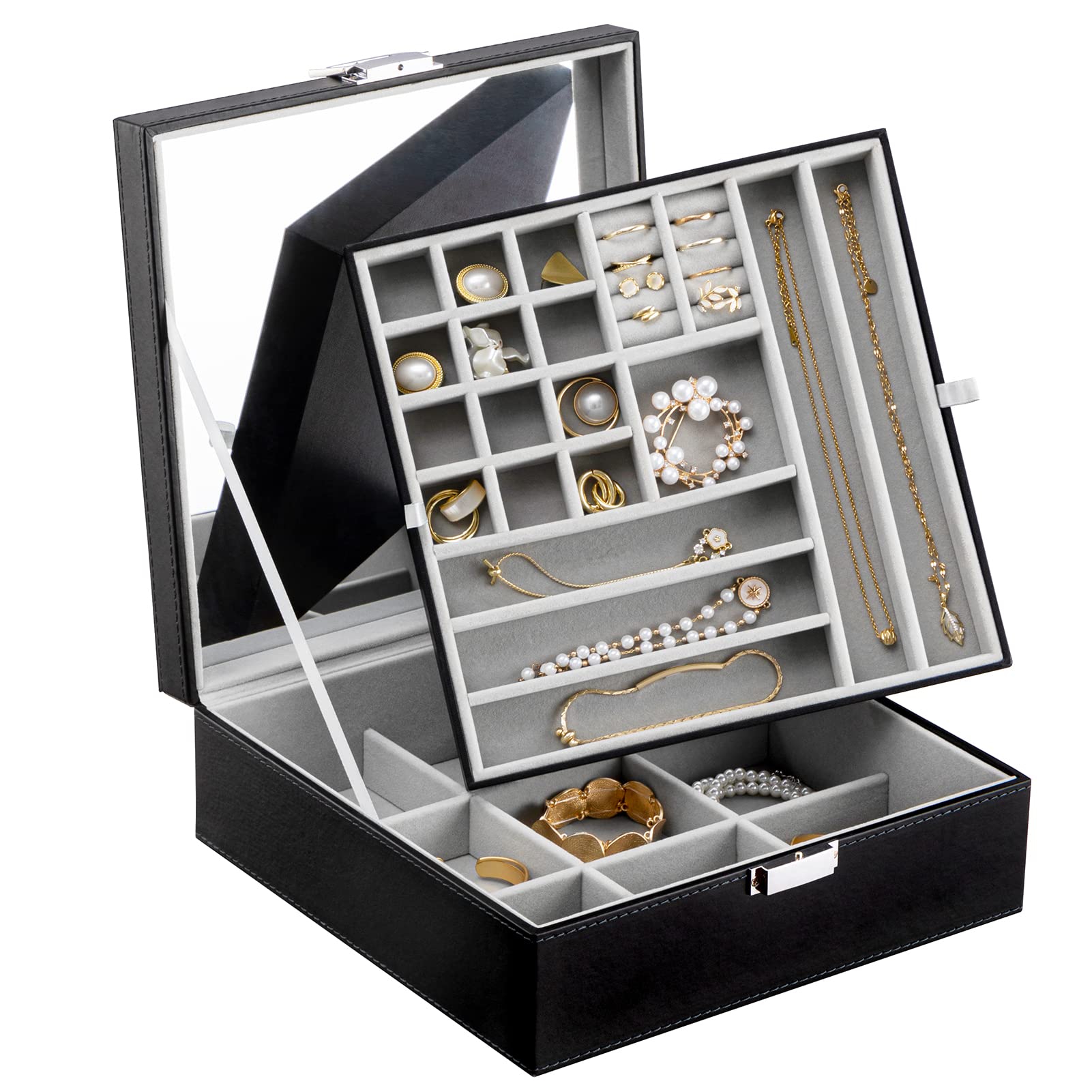 Photo 1 of **NEW**  Oyydecor Jewelry Box for Women Girls' Gifts, 2 Layer Jewelry Organizer, PU Leather Display Jewelry Storage Case with Removable Tray and Mirror for Necklace Earrings Rings Bracelets Grey