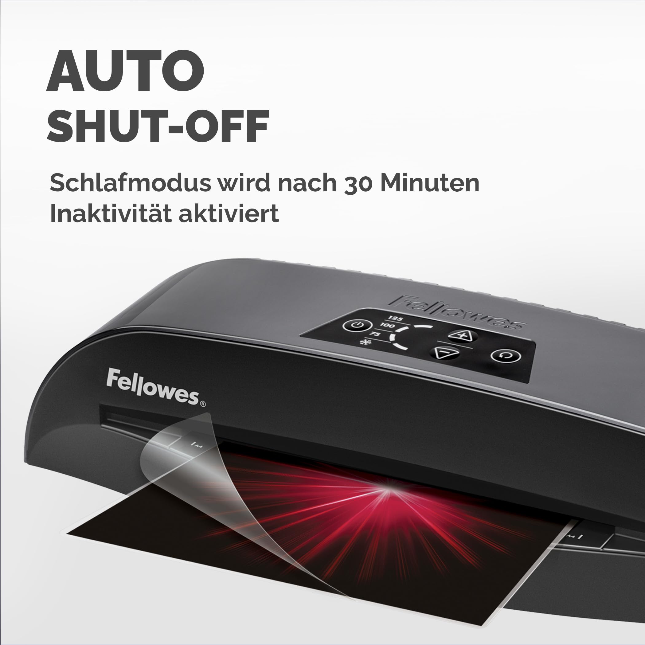 Fellowes Calibre A4 Laminiergerät für 80-125 Micron Folien, 60 Sek. Aufwärmzeit, staufreies Laminieren, inkl. 10 gratis A4 Folien, schwarz/grau