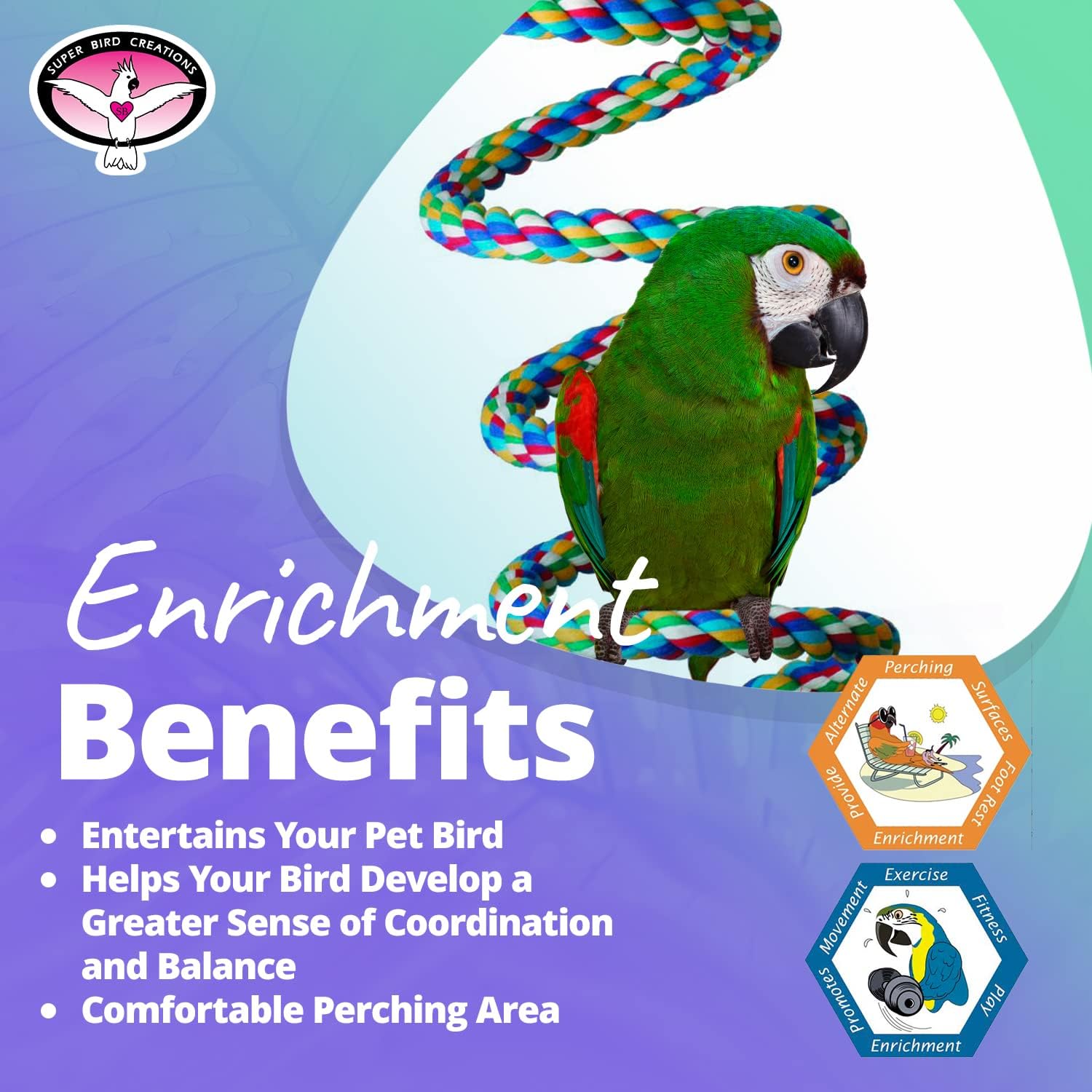 Super Bird Creations - SB326 Large to XL Bungee Bird Toy - Rope Perch for Amazons, African Greys, Cockatoos, Parrots - Colorful Hanging Perch - Enriching Bungee Toy for Large/XL Birds & in Bird Cages