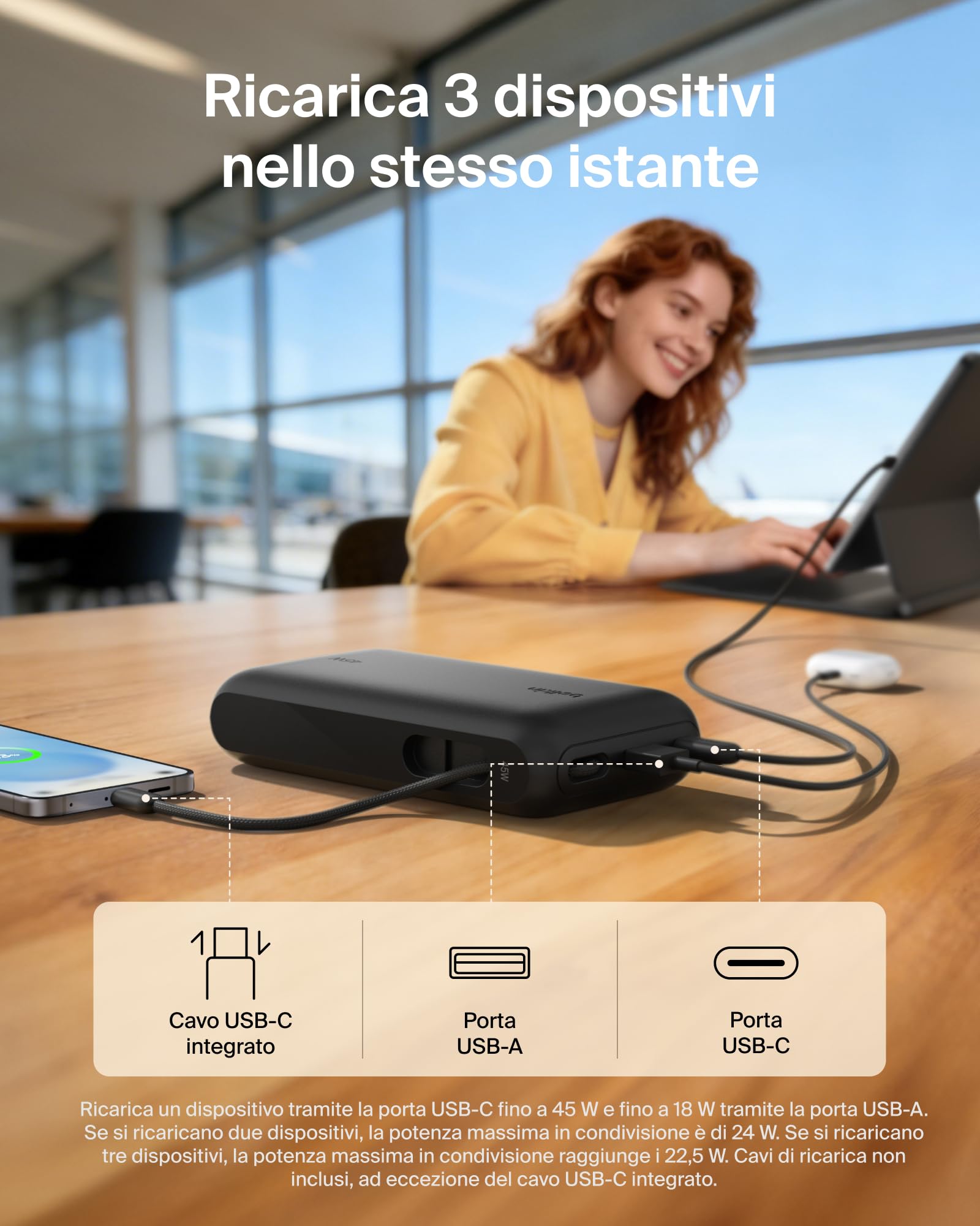 Belkin UltraCharge Power Bank 20000mAh con Cavo USB-C e Display - Nero | Caricatore Portatile 20000mAh, Ricarica 3 dispositivi (1 USB-C, Cavo USB-C Integrato, 1 USB-A), 45W, Pre-Caricato, Display