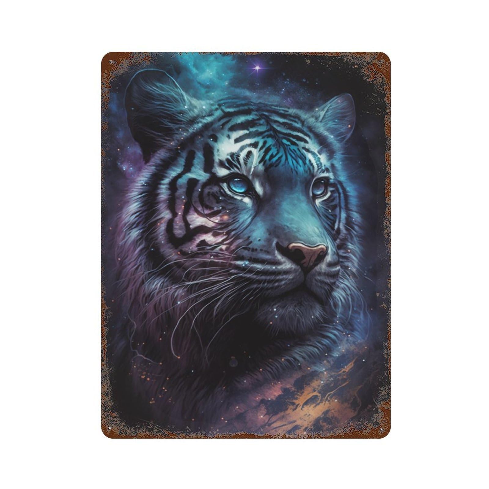 Galactic Tiger Portrait -1 Distressed Metal Wall Sign 15.7"x11.8", Shabby Chic Decor for Garage, Pub Or Kitchen