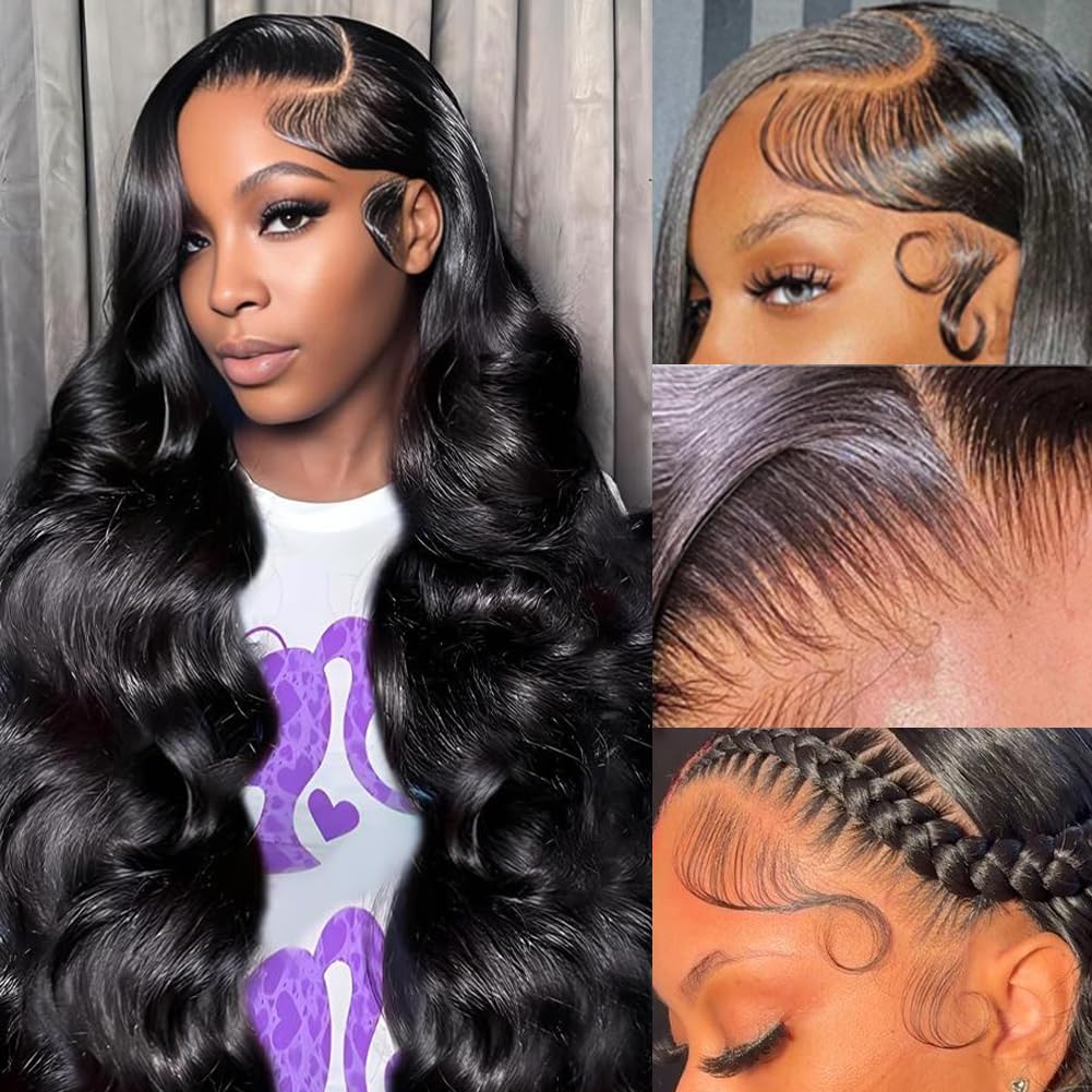 13x6 Lace Front Wigs Human Hair Pre Plucked 200 Density Body Wave HD Lace Frontal Wigs Human Hair for Women Glueless Wigs 100% Human Hair for Black Women with Baby Hair Natural Color 24 Inch