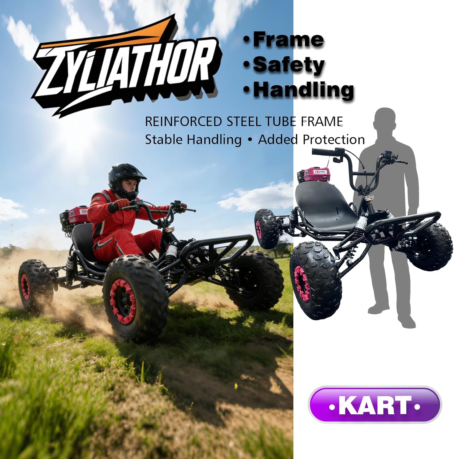 212cc 4-Stroke Gas Off-Road Go Kart for Teens & Adults, Up to 45MPH, CVT, Hydraulic Disc Brake, 145/70-6 Tires, 4-Wheel Independent Suspension, Backyard & Private Property Trails（Black）