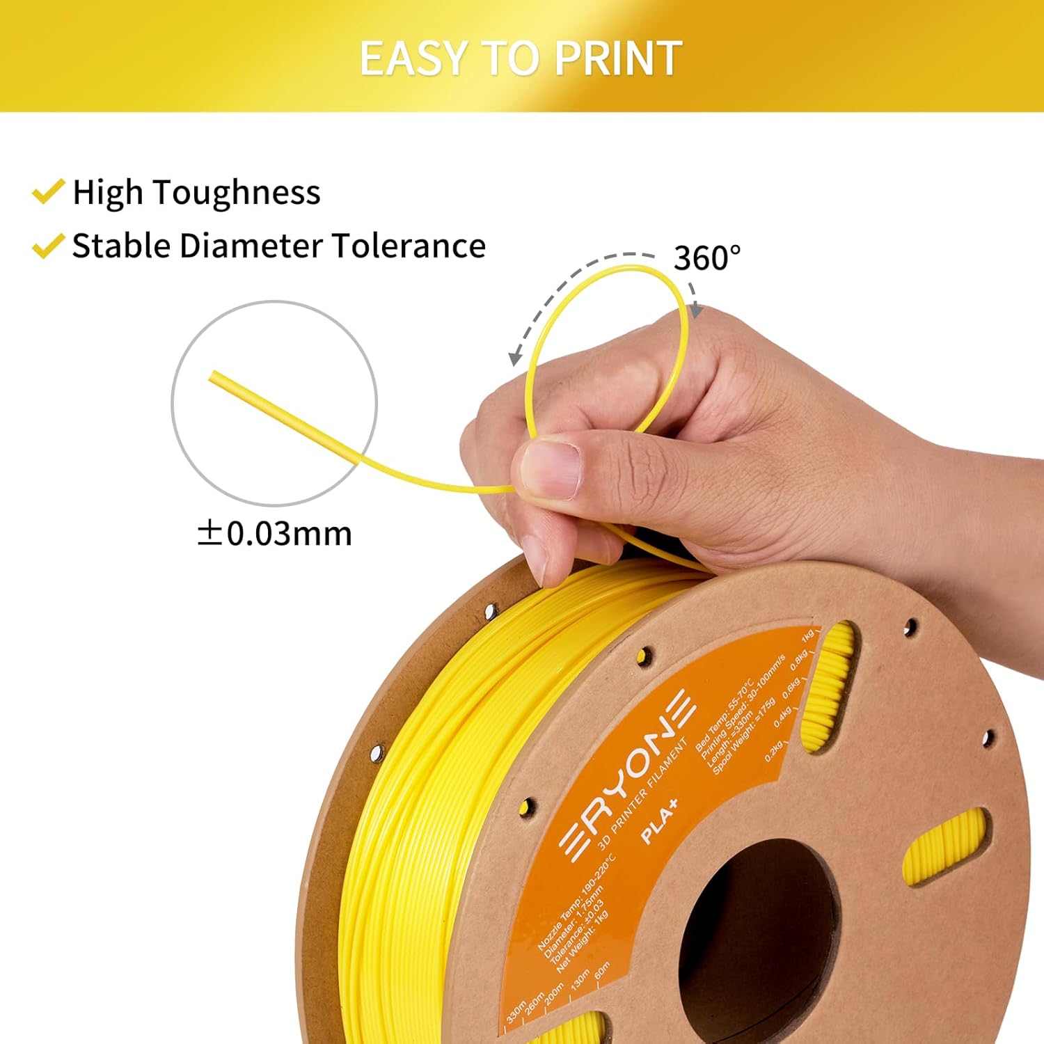 ERYONE PLA Plus Filament 1.75mm +/-0.03mm, 3D Printer Filament PLA+,Tougher and Stronger, 1kg(2.2LBS)/Spool, Yellow