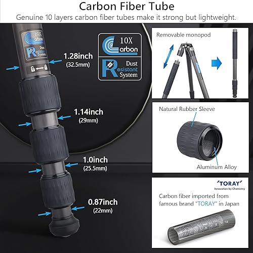 Miniatura 5 de ARTCISE Trípode de cámara de fibra de carbono - Trípode de viaje profesional resistente sin cabeza esférica, monopie para cámara réflex digital,