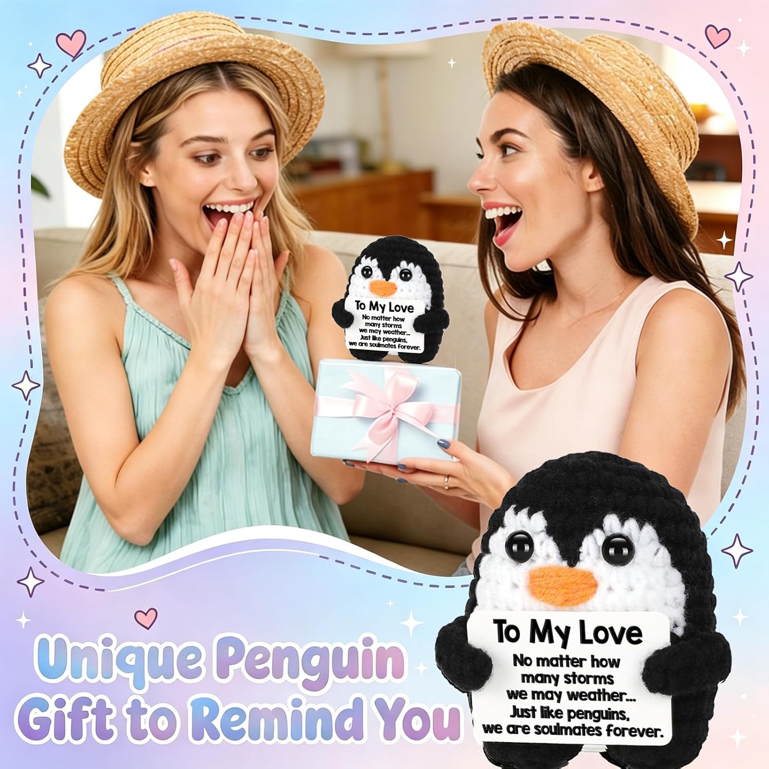 Handmade Natural Wool Crochet Penguin Gift, Cute Romantic Table Ornament Gift for Lovers, Valentine Birthday Anniversary Home Desk Decor image 5