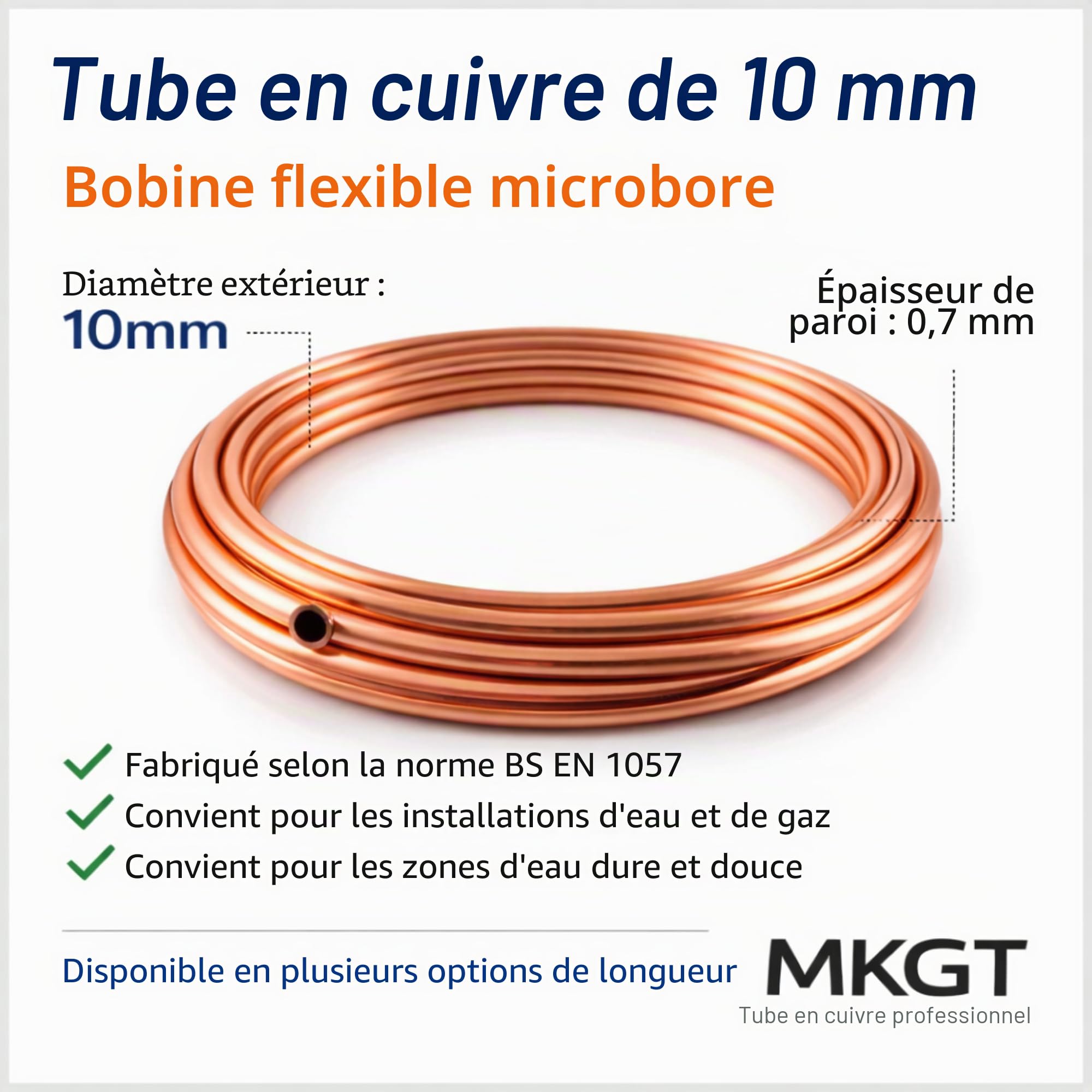 Microbore Tuyau en cuivre flexible spiralé pour installations d'eau/gaz/plomberie et bricolage (10 mm, 2 m)