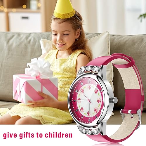 Miniatura 3 de PASNEW Reloj analógico clásico de cuarzo para niños, impermeable, con esfera de flores, correa de cuero