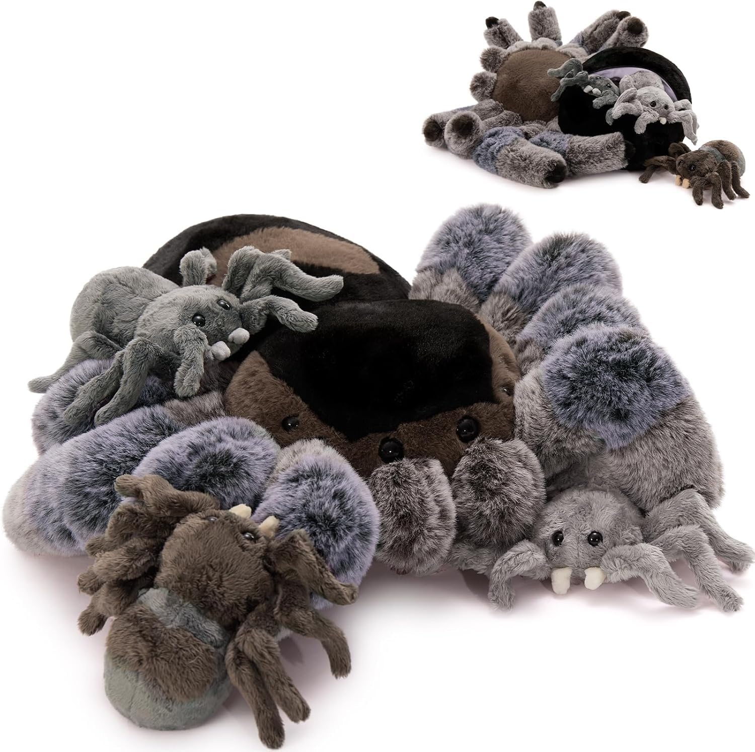 MorisMos Grau Spinne Kuscheltier XXL, 40cm Riesen Spinne Plüschtier mit 3 Baby im Bauch, Kawaii Groß Stofftier Weich Spielzeug, Großes Geburtstag Weihnachten Geschenk für Kinder