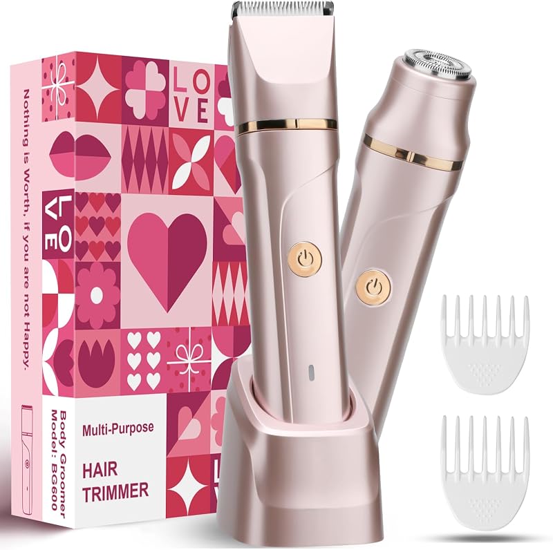 Aparador elétrico 2 em 1 VEGITERIA para virilha e rosto, IPX7, recarregável, Rose Golden, com 2 cabeças