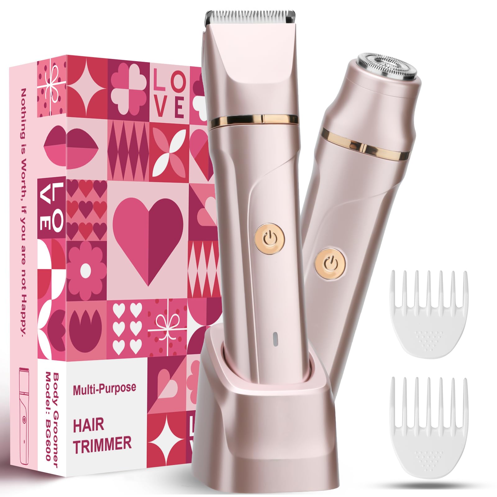 Bikini Trimmer for Women 2 in 1 Electric Razors Shaver Facial Hair Removal for Women Pubic, Armpit, Face &amp;Precision Areas, IPX7 Waterproof,Rechargeable Dock, Rose Golden