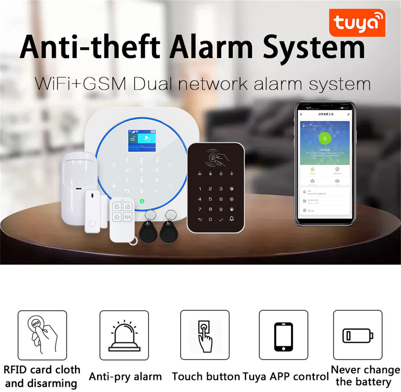 SXA Sistema di Sicurezza Allarmi, Allarme Antifurto Domestico WiFi Wireless 433 MHz gsm TFT LCD Tastiera Touch 11 Lingue E Controllo App TUYA WiFi per L'home Office,B