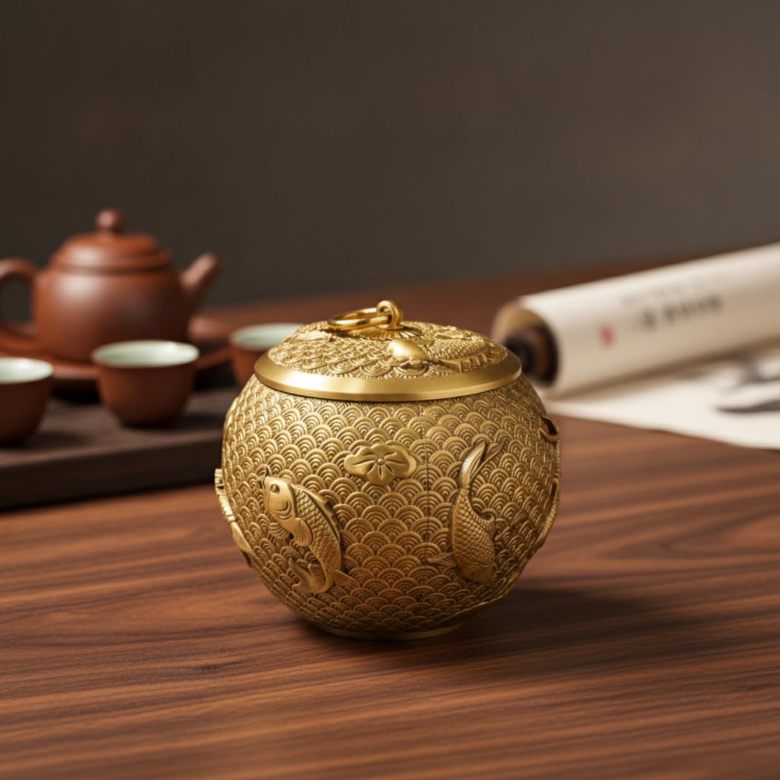 Lata de Té de Latón Contenedor Bote Tarro con Tapa Segura Diseño Clásico en Relieve Estructura Metálica Sólida Mantiene, 12cm X 10cm, style to 2
