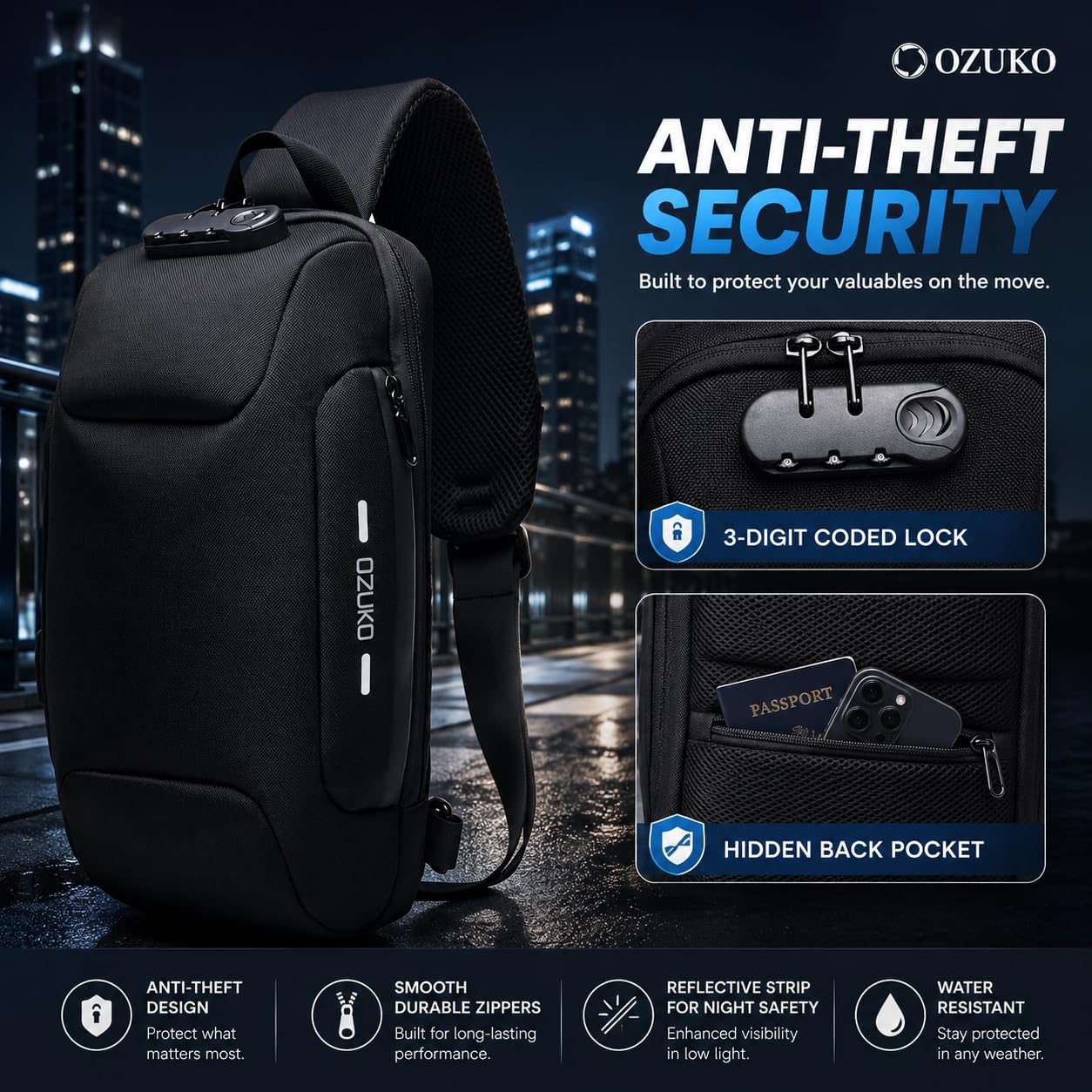 OZUKO Lässige Schultertasche, Umhängetasche, wasserdicht, Crossbody-Tasche, Brusttasche, für Herren, Sport, Fitness, Brusttasche, mit USB-Ladeanschluss