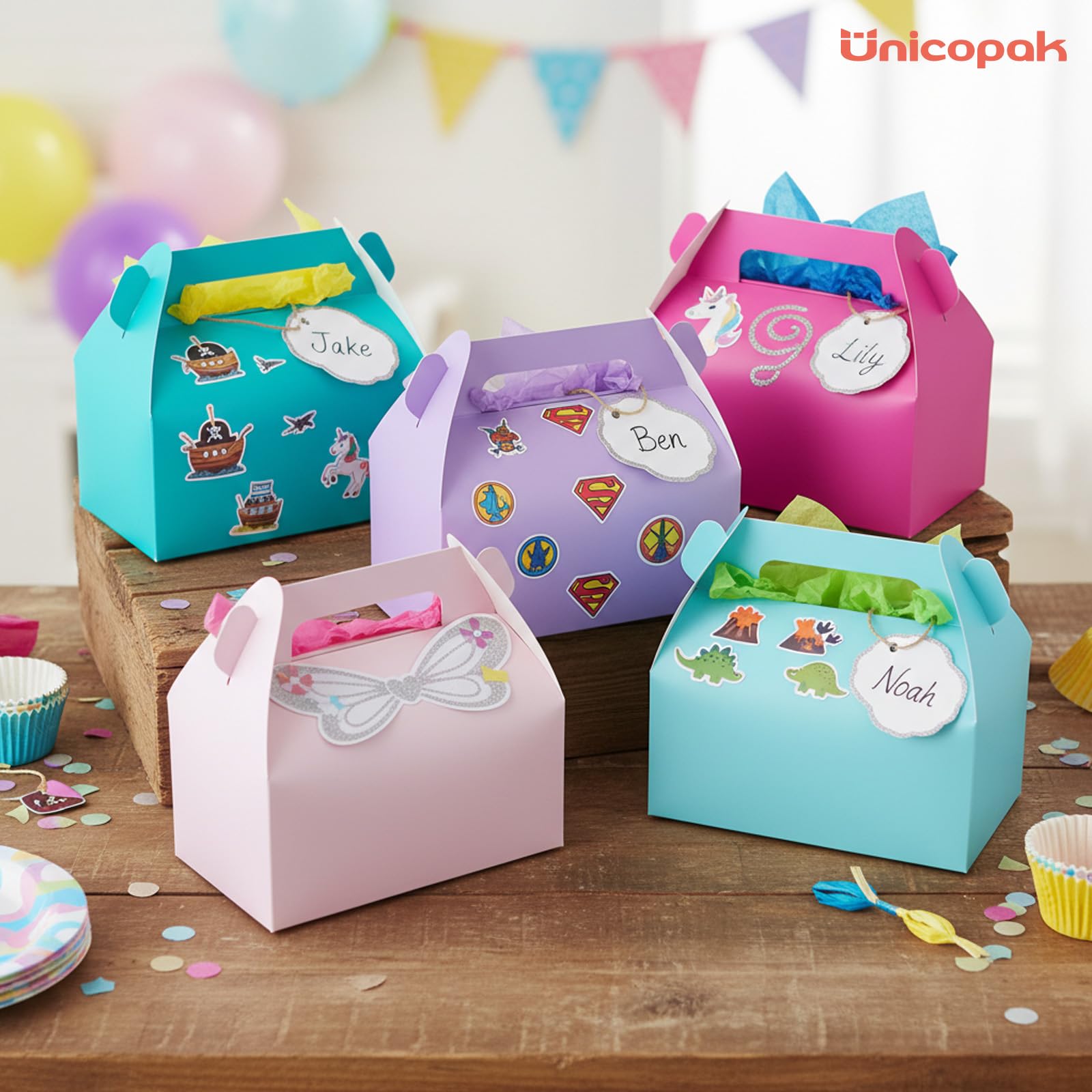 UnicoPak 30 Pack Pastel Gable Treat Boxes Party Favor Goodie Bag Boxes for Candy Treats Goody Cookie Toys for Birthday Party, 6.5x3.5x4 Inches