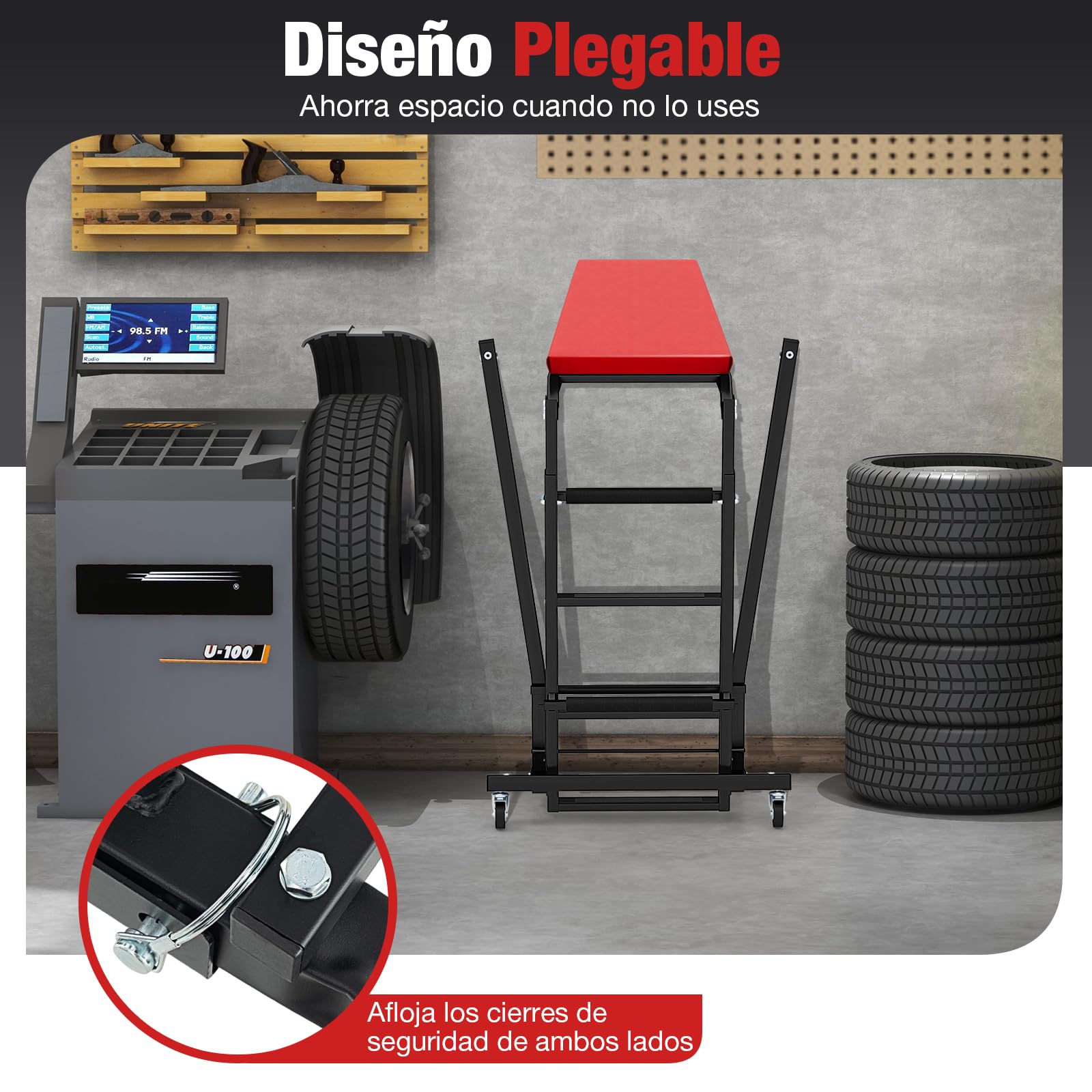 GOPLUS Enredadera Automotriz Superior Plegable, Escalera con Ruedas Carga 180 kg con 5 Niveles de Altura y 3 Ángulos Ajustables, Taburete de Trabajo para Garaje Taller Camión