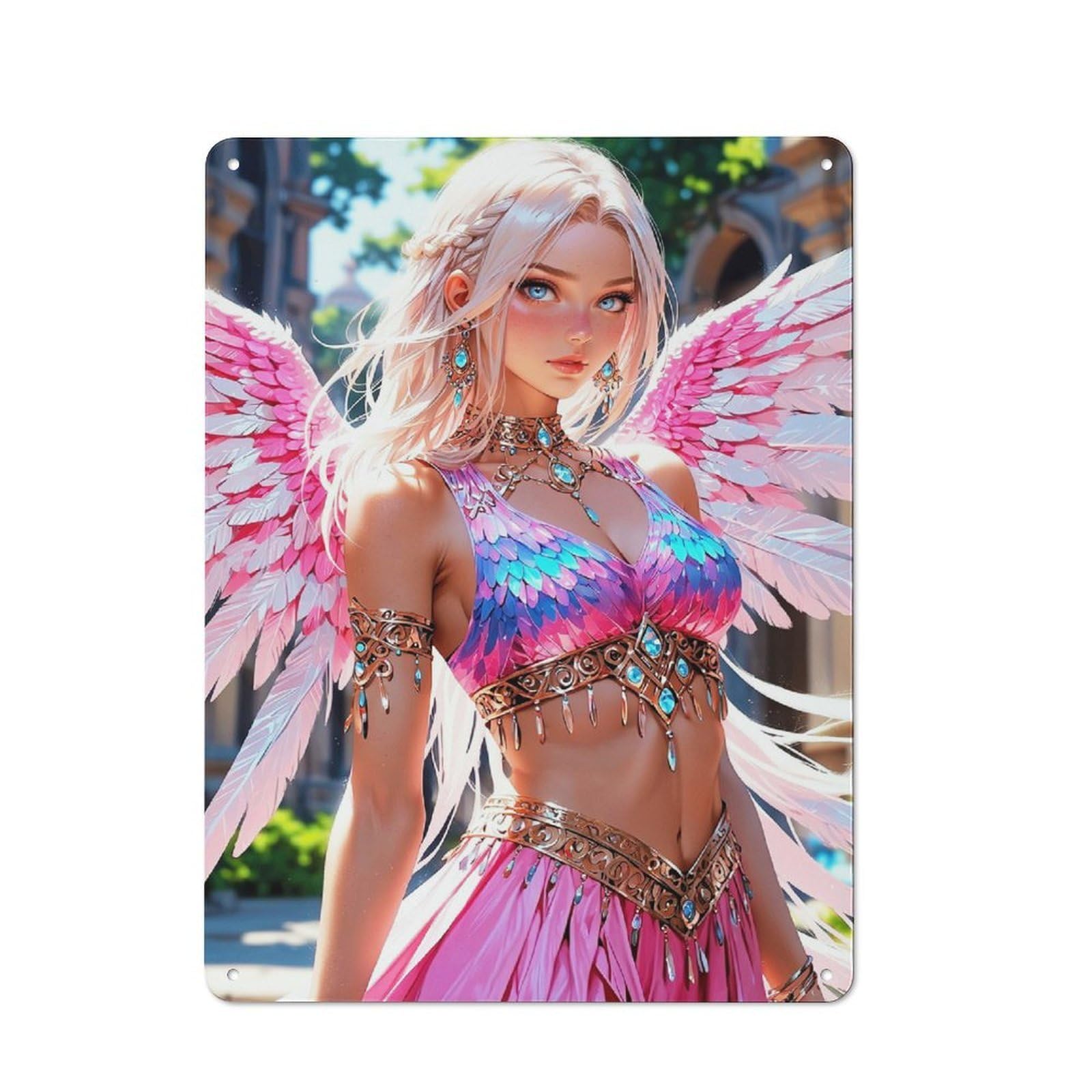 Junmoney Style-20 Shed Style Decorative Metal Plaque 40X30cm Featuring Natalia - Stunning Anime Angel, Porch Wall Decor For Patio Bar, Workshop, Shed Or Kitchen