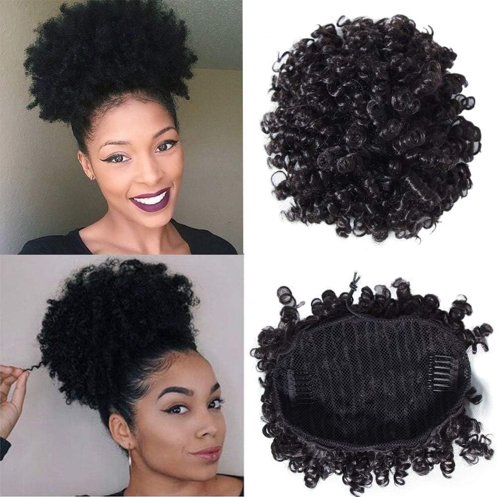 YIROO Small Afro Curly Human Hair Bun Ponytail Extensions 6 Inches Short Cute Curly Wrap Drawstring Puff Ponytails Hairpieces for Women with Clips Natural Color (6inch)