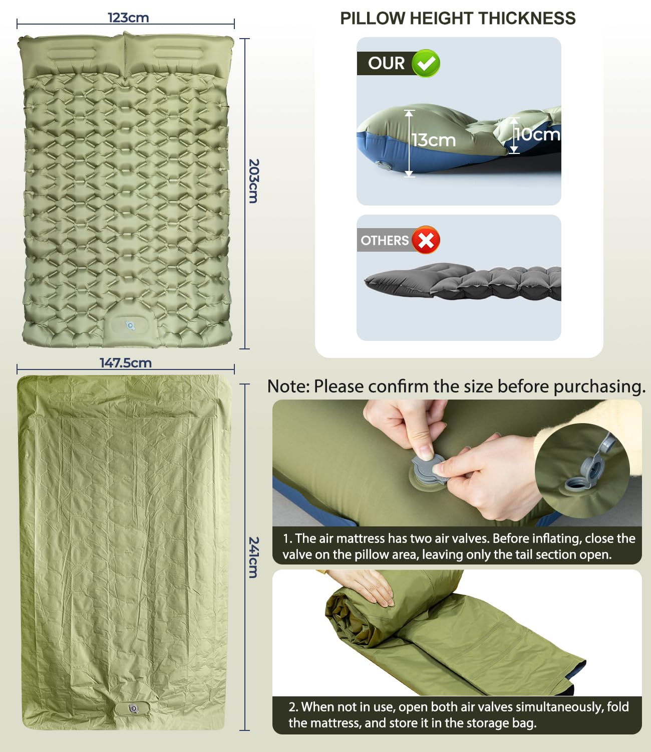 Doppel Isomatte für 2 Personen Outdoor Luftmatratze 195x134cm Breit,10cm Dicke Fußbetätigte Aufblasfunktion, Perfekt für Paare & Familien-Camping, Festival & Gästebett