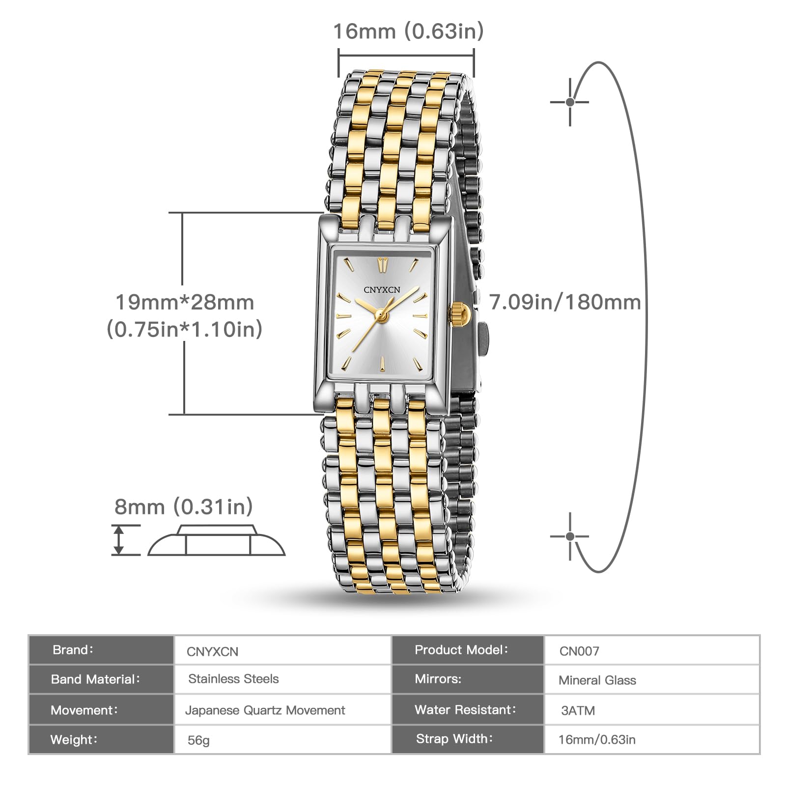 CNYXCN Reloj de pulsera cuadrado de cuarzo para mujer con correa de acero inoxidable, herramienta de ajuste de pulsera incluida, Dorado, plateado y dorado