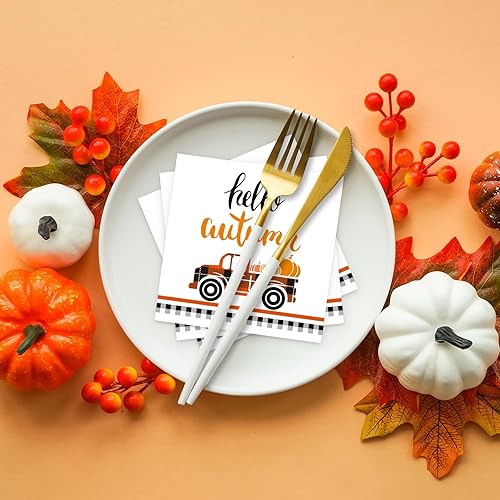 Miniatura 5 de Paquete de 50 servilletas de papel desechables de otoño con texto en inglés Hello Autumn para otoño, calabaza, camión, a cuadros, suministros de