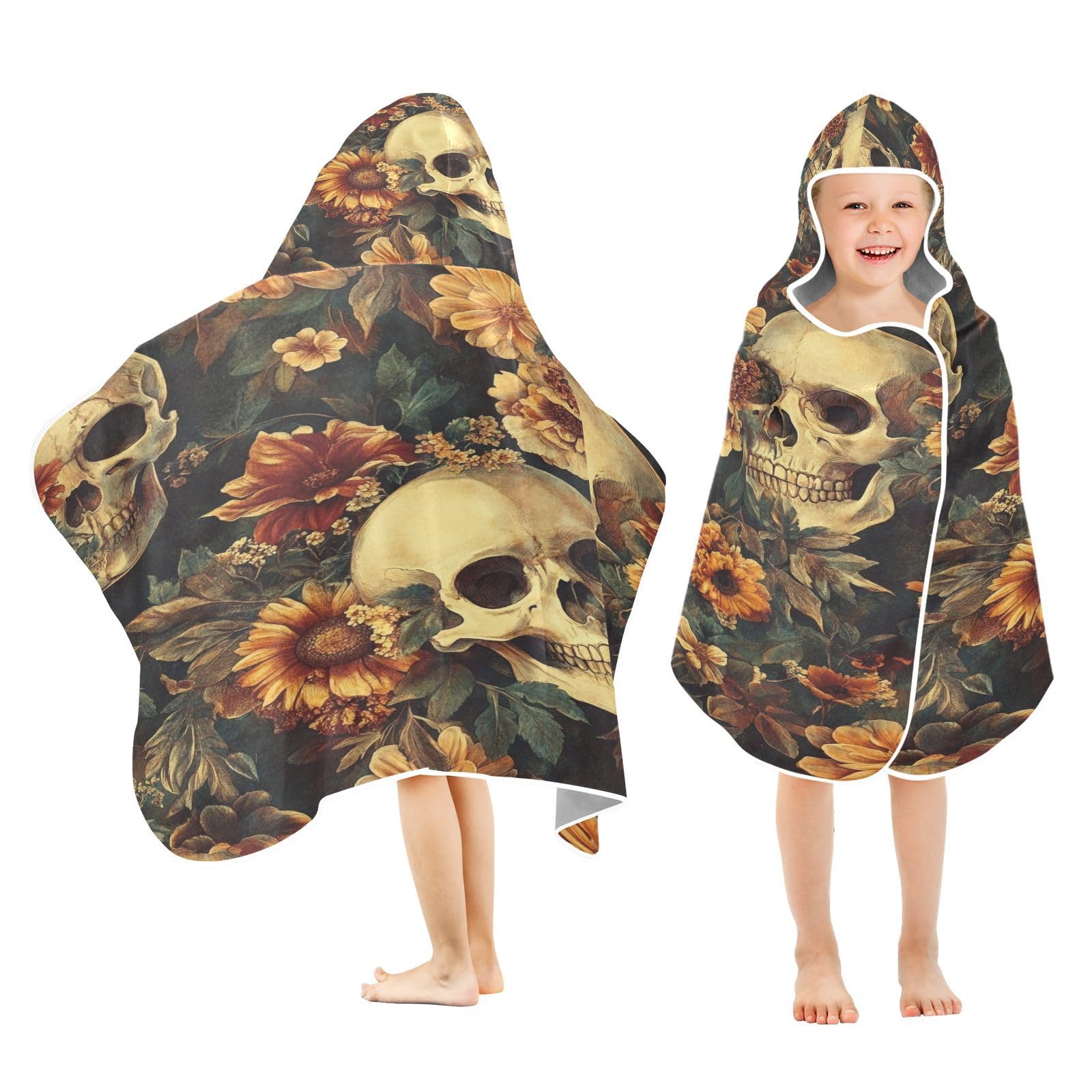 Kigai Skull Sunflowers Hooded Beach Towel for Kids Soft Absorbent Quick Dry Bath Towel with Hood Lightweight Toddler Shower Pool Bath Wrap for Boys Girls