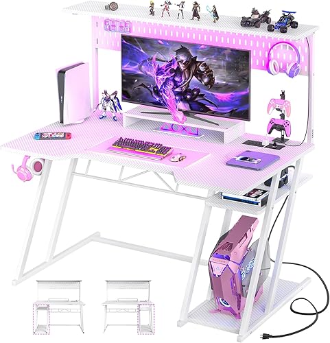 Escritorio para computadora Armocity para videojuegos con enchufes, escritorio para juegos con alacena y luces LED, escritorio reversible para PC