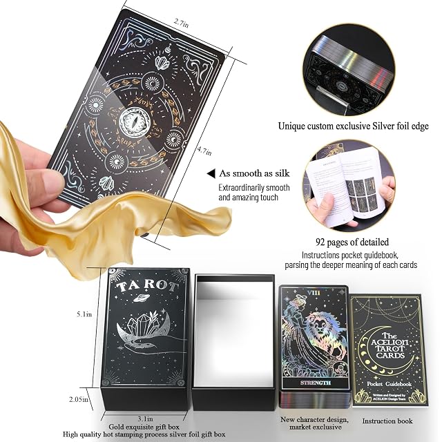 Foto 4 de 6 de WJPC Cartas de tarot con borde de lámina plateada con juego de libro guía y caja de regalo para principiantes…