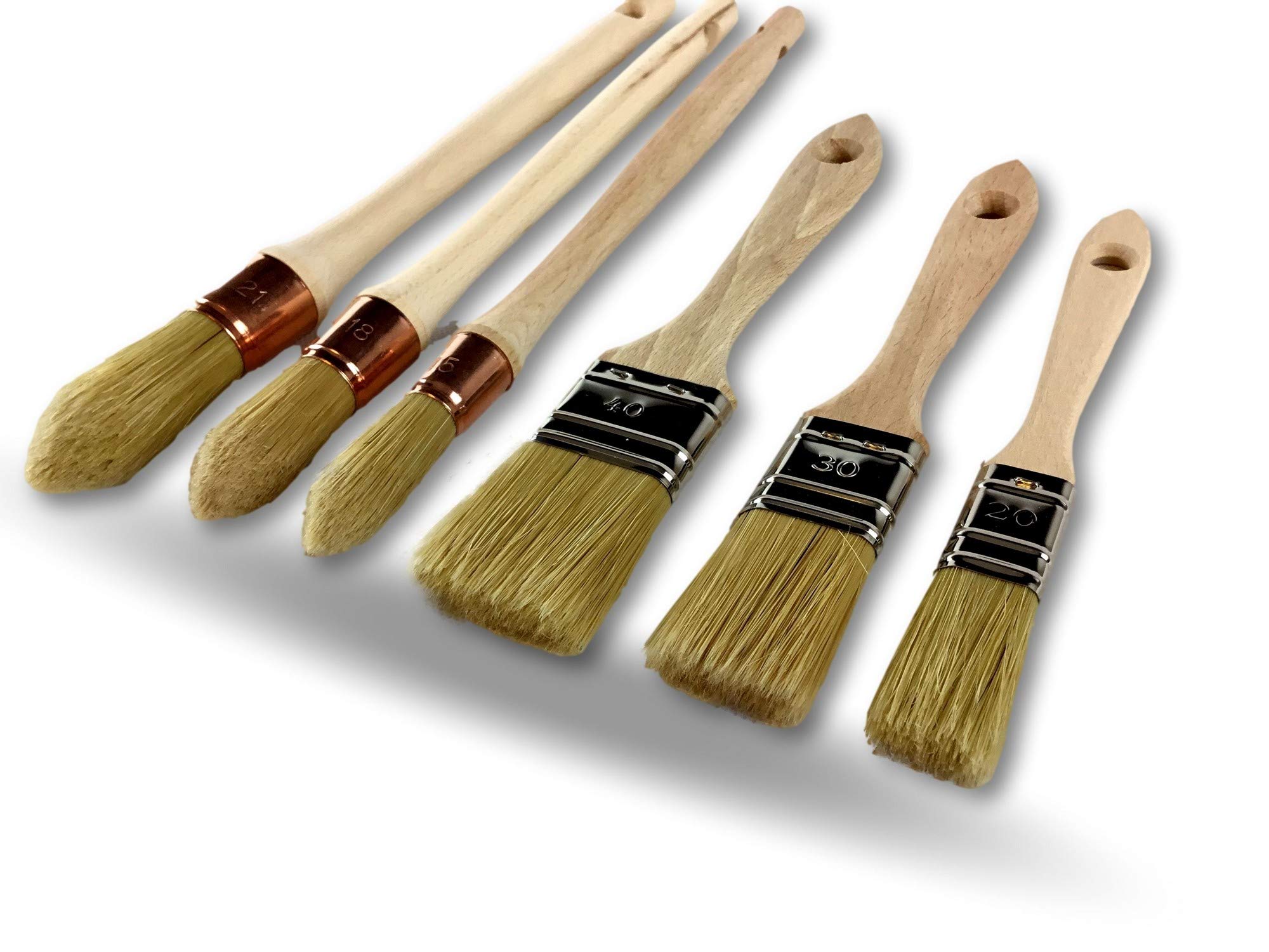 Juego de 6 pinceles de fabricación francesa | Material profesional | 3 platos para barnizar: 20-30 - 40 mm | 3 pulgadas para rechampir 15-18 - 21 mm | Cerdas de seda blanca | Kibros LOT371323_Pro