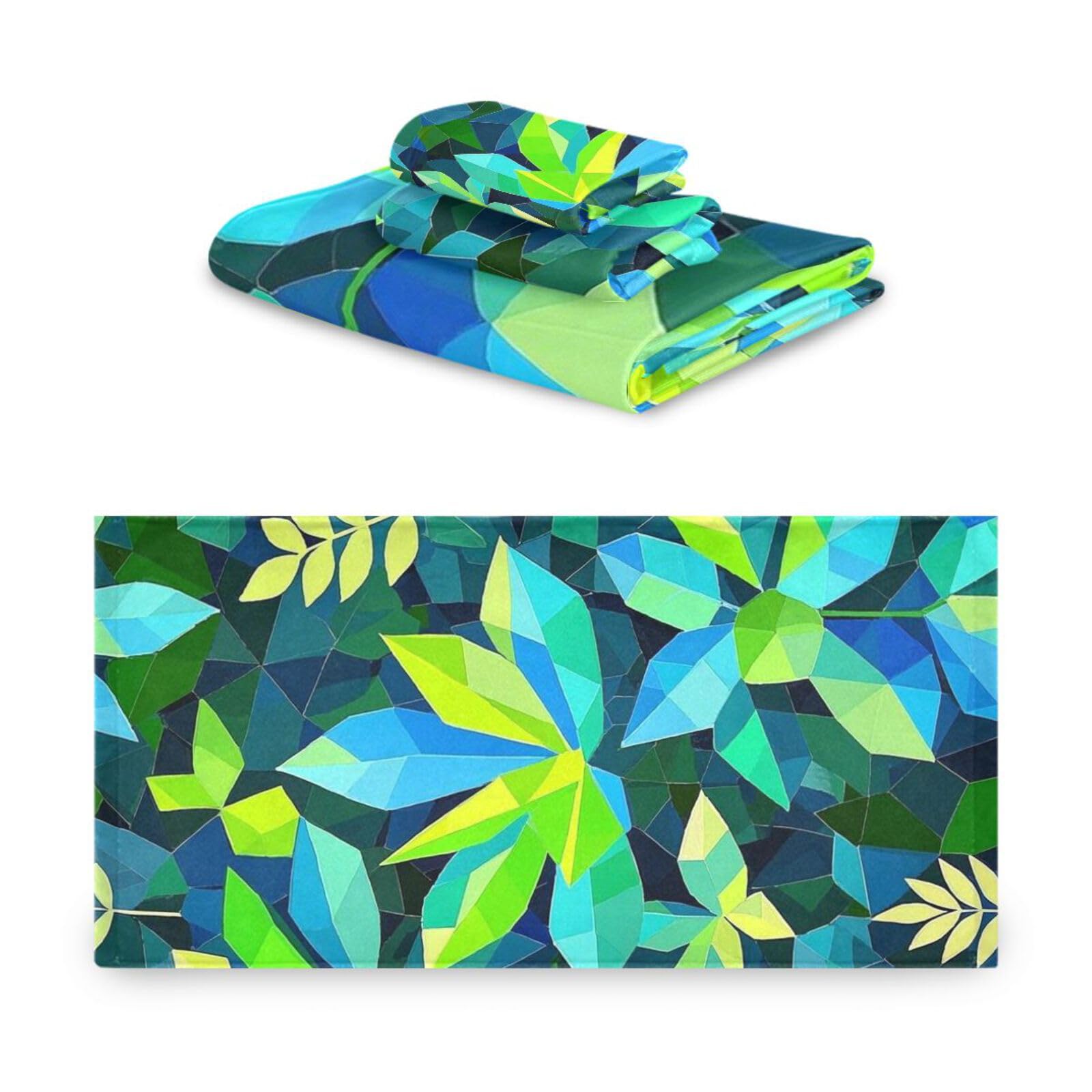 Set di 3 asciugamani assorbenti per il viso con foglie astratte geometriche, 1 asciugamano da bagno, 1 asciugamano per le mani, 1 panno per yoga, bagno, cucina