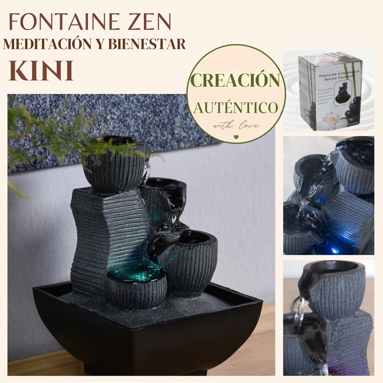Zen Light Kini - Fuente de Interior con Bomba e iluminación LED, Resina, tamaño único
