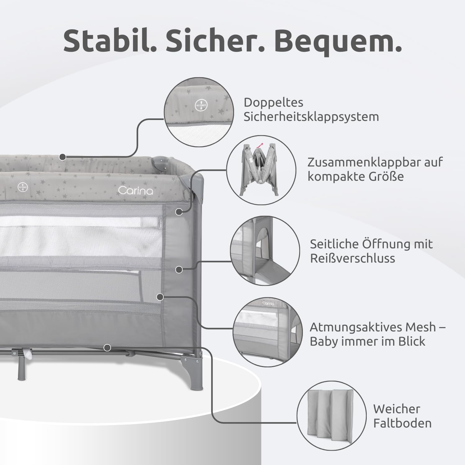 Lorelli 2 in 1 Babybett und Laufstall Carina 2 Ebenen mit Neugeborenen Einsatz und Seiteneingang, Kinderbett ab Geburt bis 15 kg, Baby Reisebett, faltbar inkl. Transporttasche, Grau