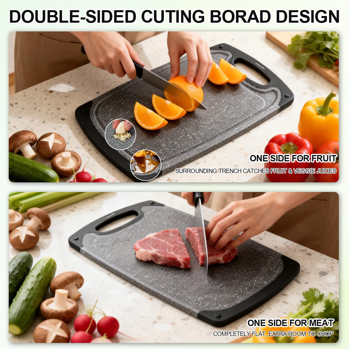 Tabla de cortar de plástico, 3 tablas de cortar aptas para lavavajillas con ranuras para jugos, mango de fácil agarre, antideslizante, con área de molienda para moler ajo y jengibre (gris oscuro, XL)