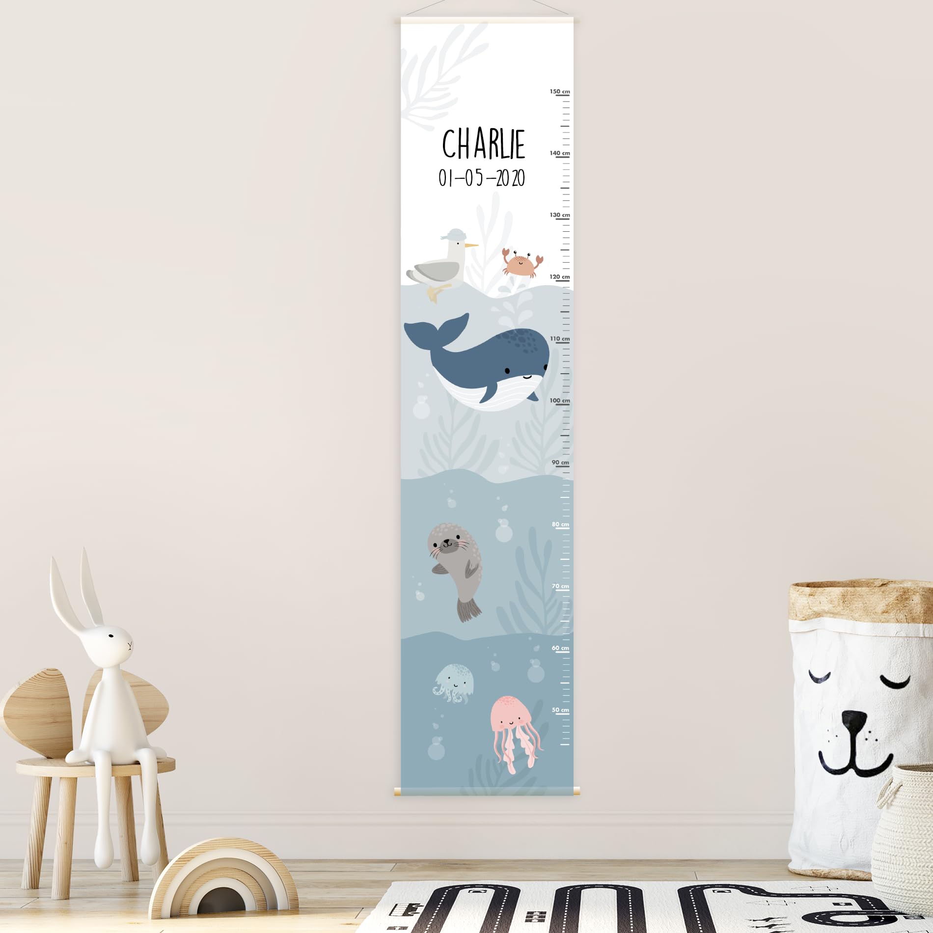 Bienmarquer - Toise Murale Personnalisée pour Bébé/Enfant - Toise de Croissance Personnalisable avec un Prénom - Règle de Hauteur Permettant de Mesurer la Taille de l'Enfant (Mer)