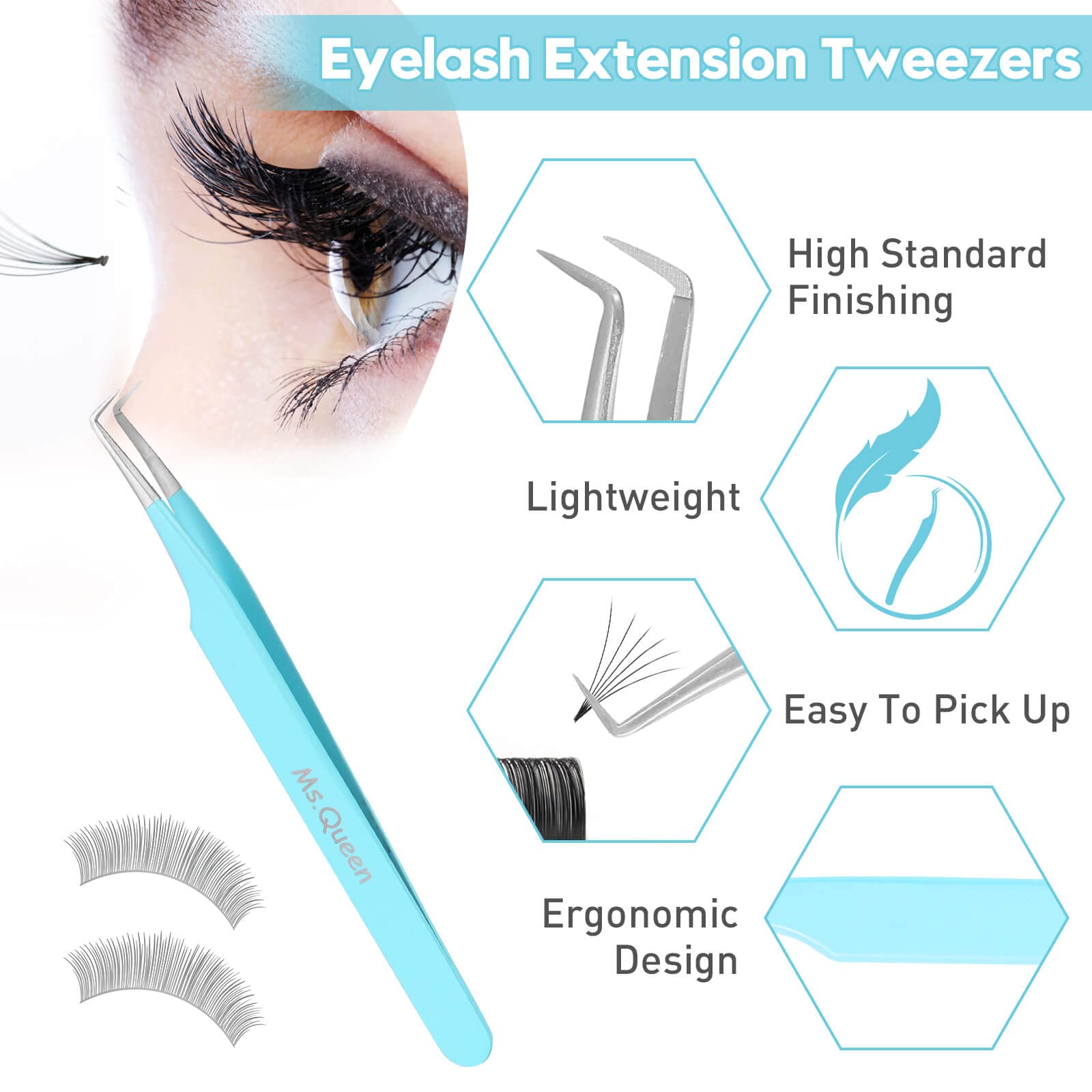 Ms.Queen Wimpernpinzette für Wimpernverlängerungen, Präzisions-Faserspitze, 90 Grad Pinzette für Mega Volume Lashes Extensions, Blau