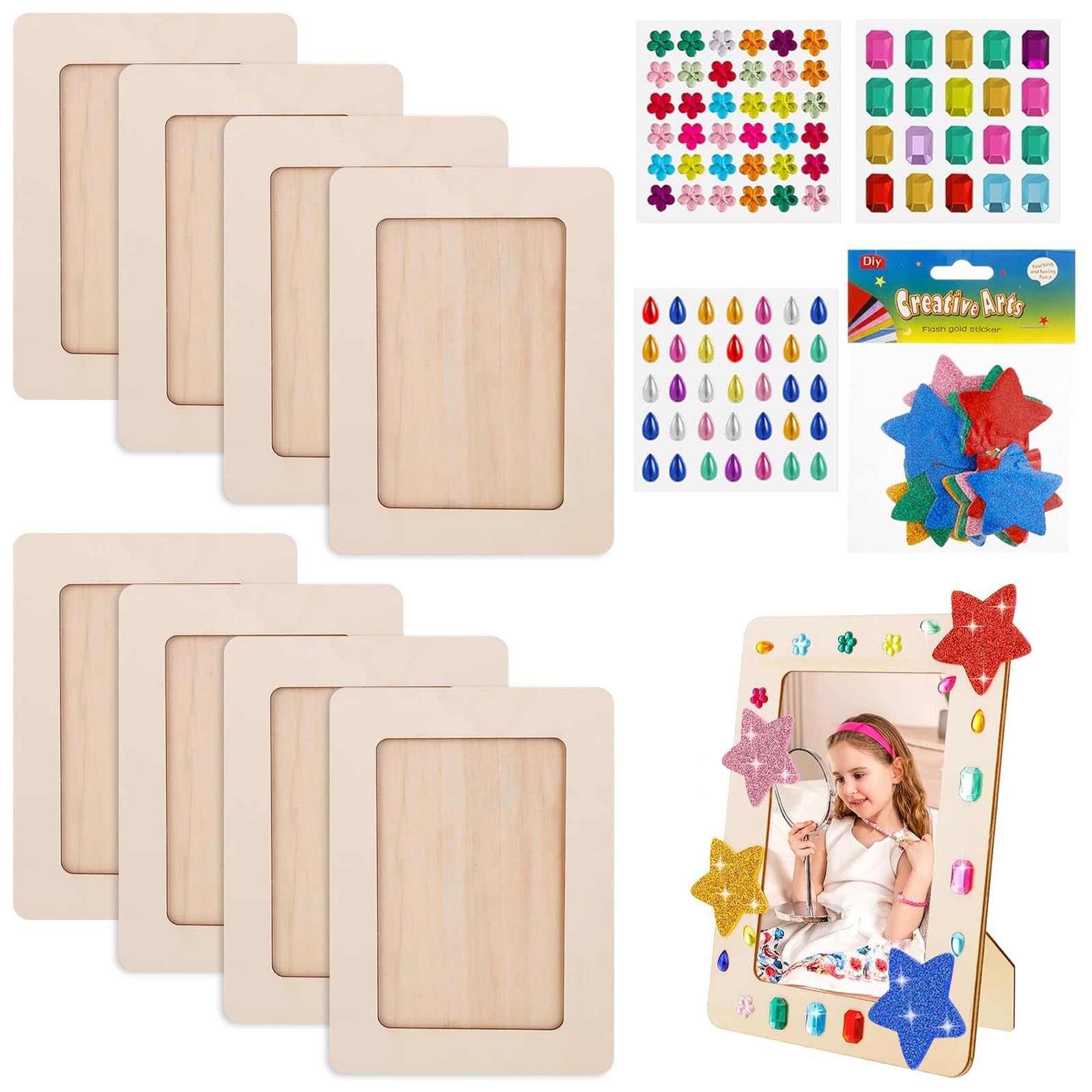 Tearmier8 Pcs Kids DIY Picture Craft Set, Wooden Art Frame with Glitter Stickers and Stones, Rectangular Frame for DIY Paint Decorate